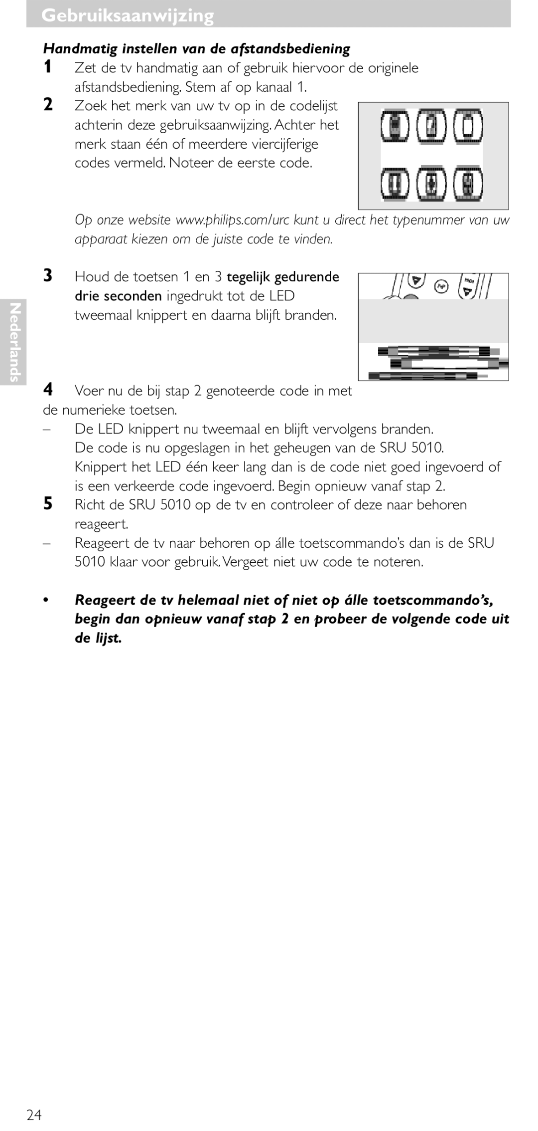 Philips SRU 5010 86 manual GebruiksaanwijzingGebruiksaanwijzing, Handmatig instellen van de afstandsbediening 