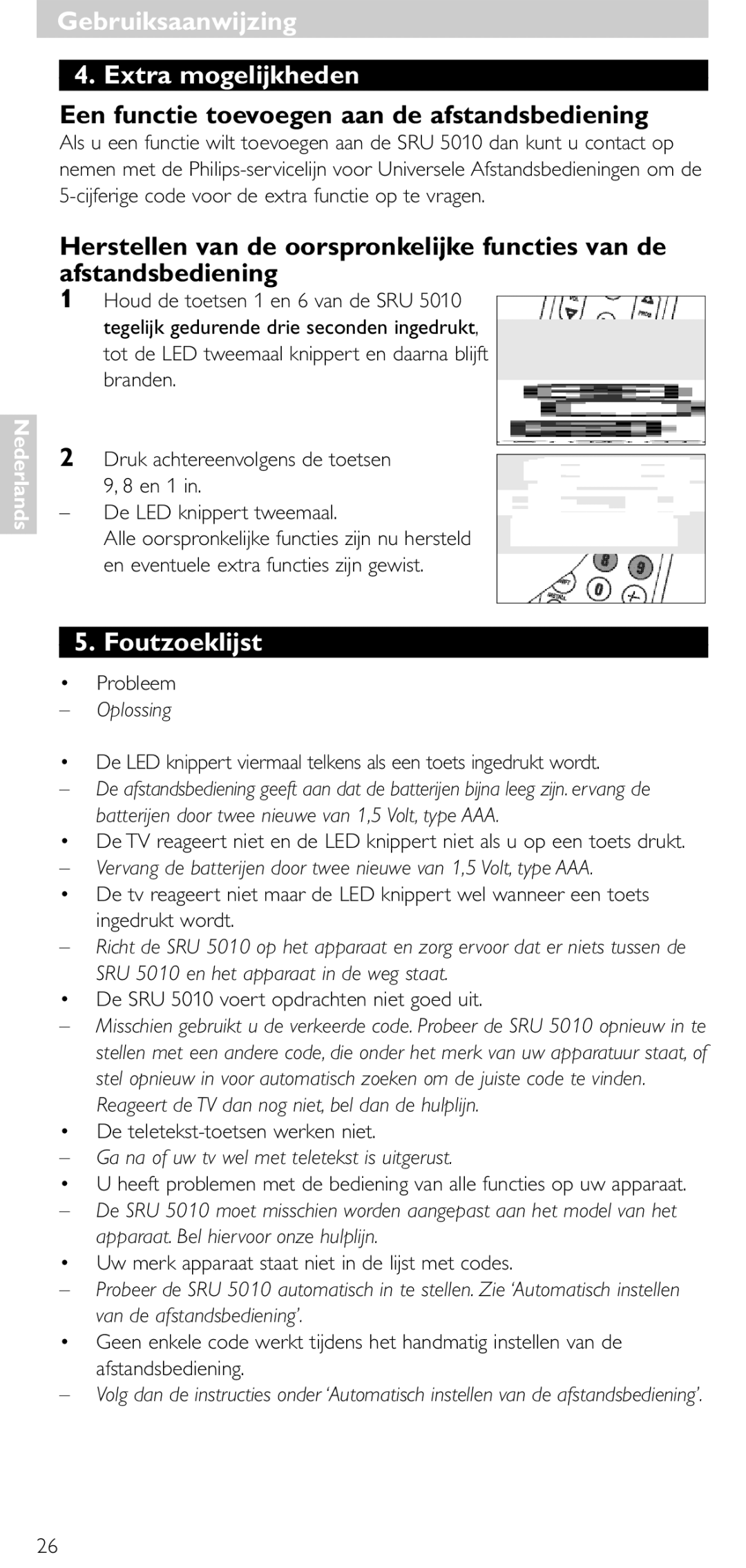 Philips SRU 5010 86 manual GebruiksaanwijzingGebruiksaanwijzing Extra mogelijkheden, Foutzoeklijst 