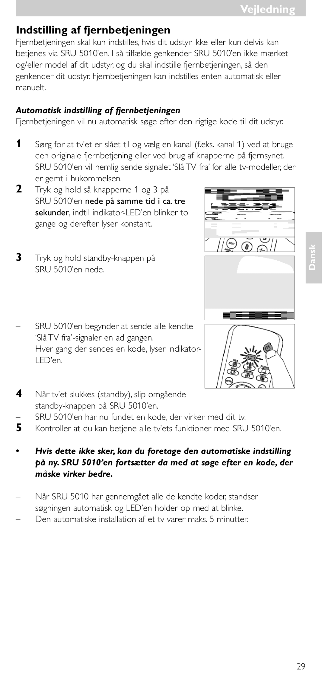 Philips SRU 5010 86 manual Indstilling af fjernbetjeningen, Automatisk indstilling af fjernbetjeningen 