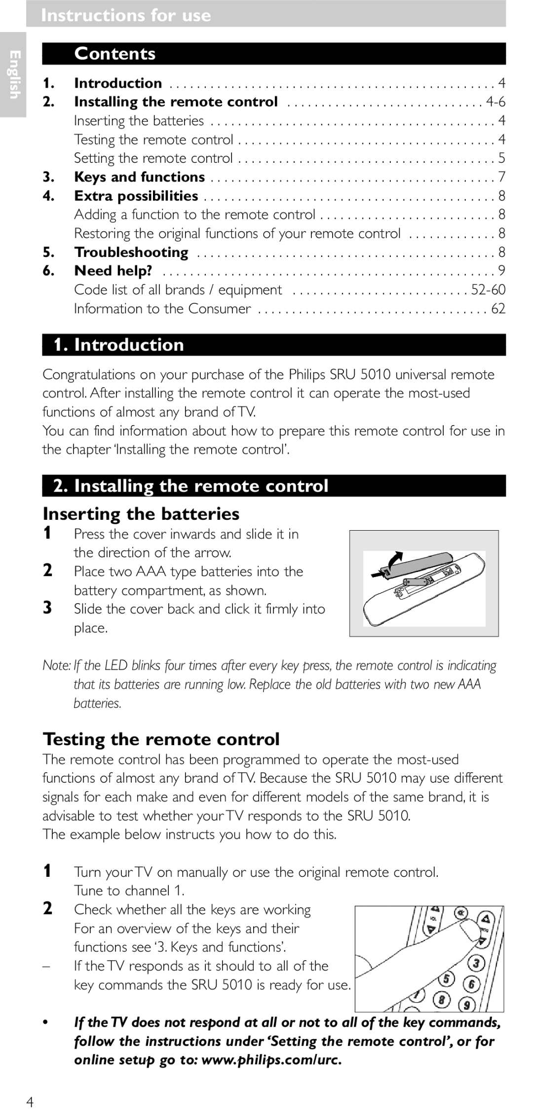 Philips SRU 5010 86 manual Instructions for use Contents, Introduction, Installing the remote control 