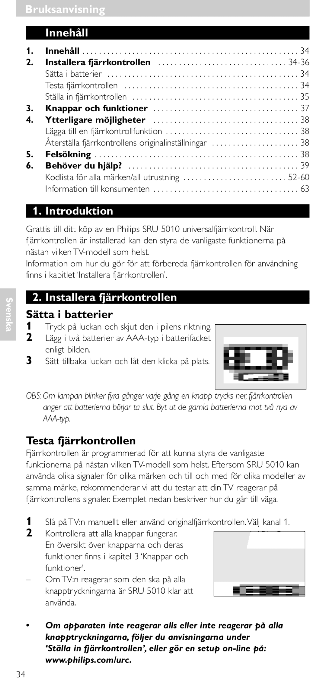 Philips SRU 5010 86 manual Bruksanvisning, Innehåll, Introduktion, Installera fjärrkontrollen 