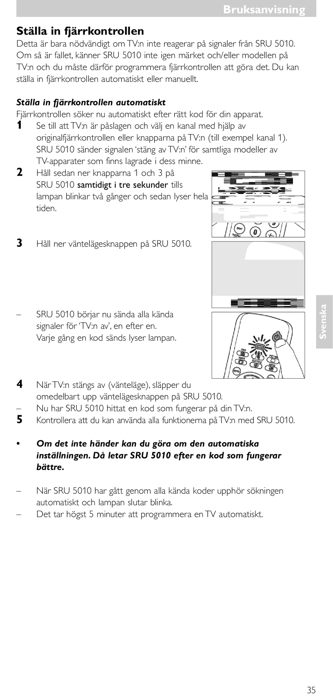 Philips SRU 5010 86 manual BruksanvisningBruksanvisning, Ställa in fjärrkontrollen automatiskt 