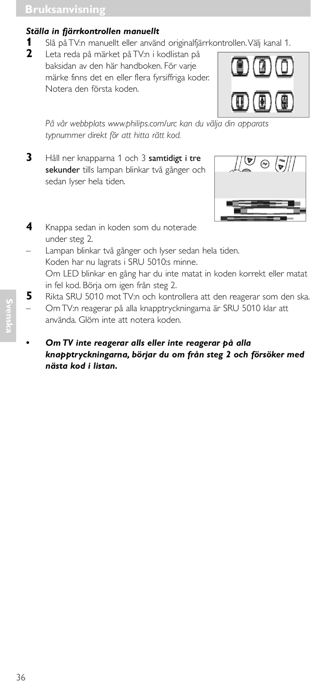 Philips SRU 5010 86 manual Ställa in fjärrkontrollen manuellt 