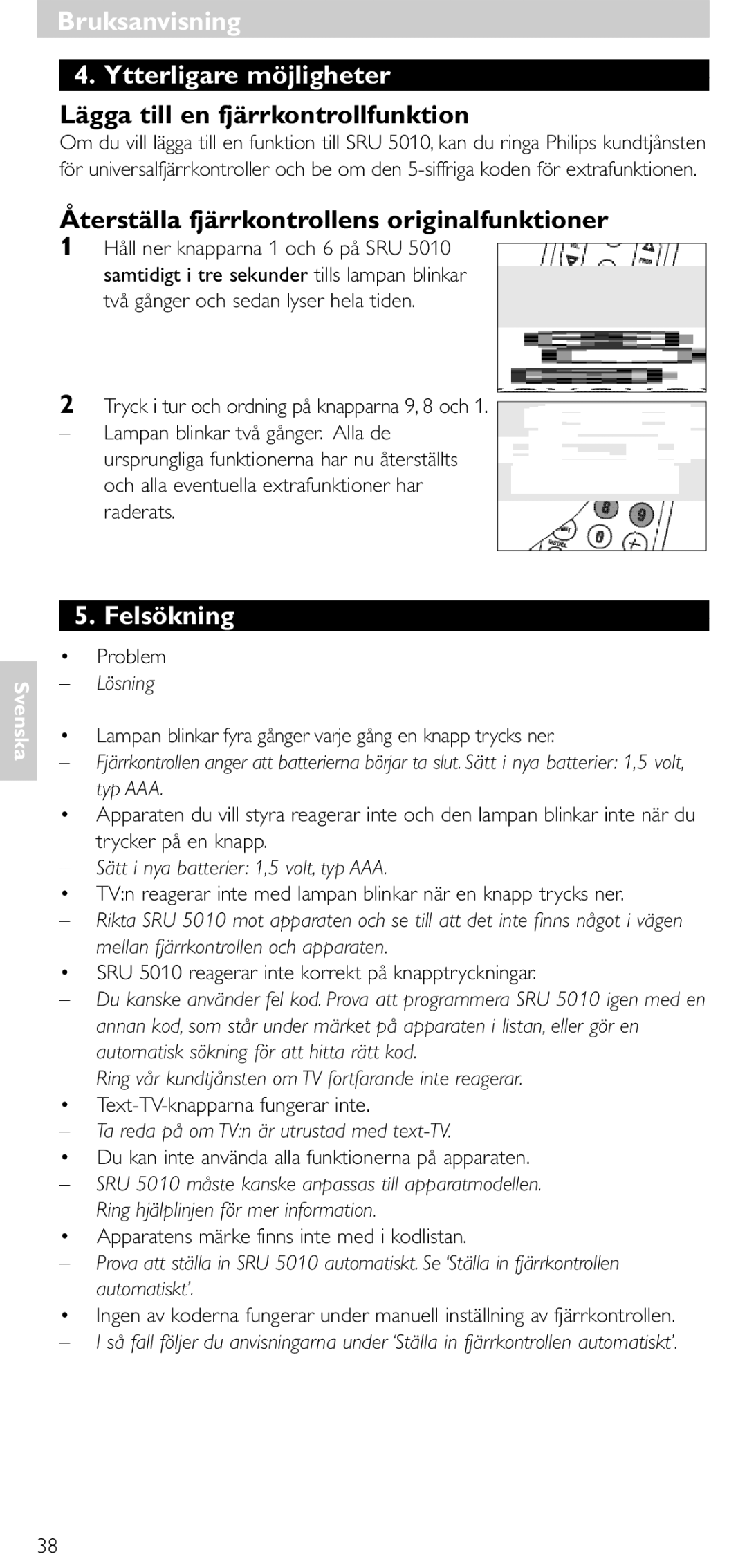 Philips SRU 5010 86 manual Återställa fjärrkontrollens originalfunktioner, Felsökning, Lösning 