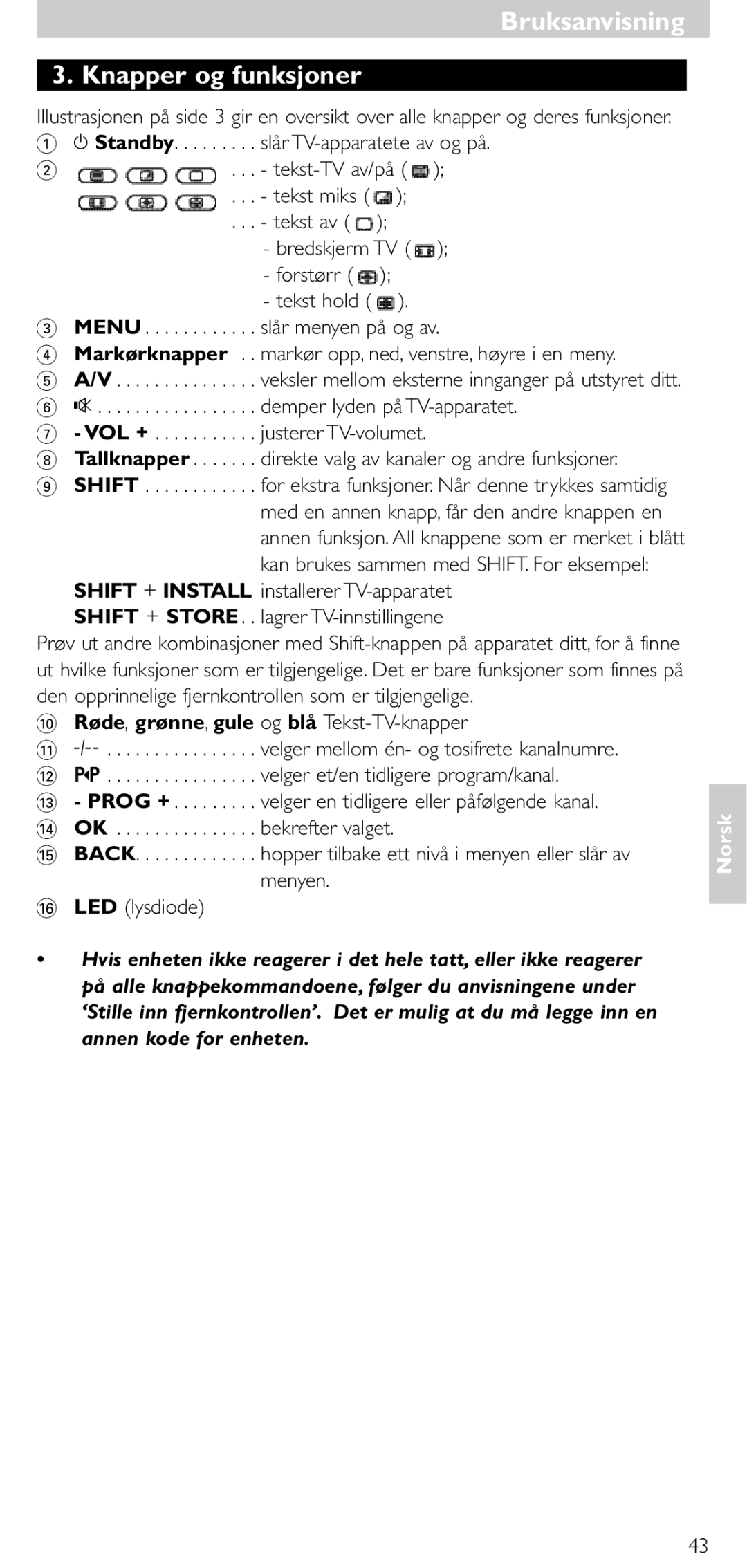 Philips SRU 5010 86 manual BruksanvisningBruksanvisning Knapper og funksjoner 