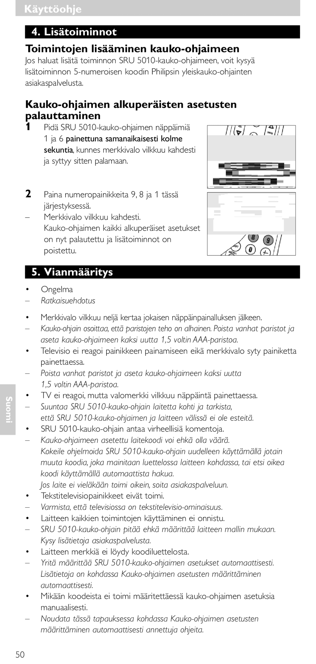 Philips SRU 5010 86 manual Käyttöohje Lisätoiminnot, Toimintojen lisääminen kauko-ohjaimeen, Vianmääritys 