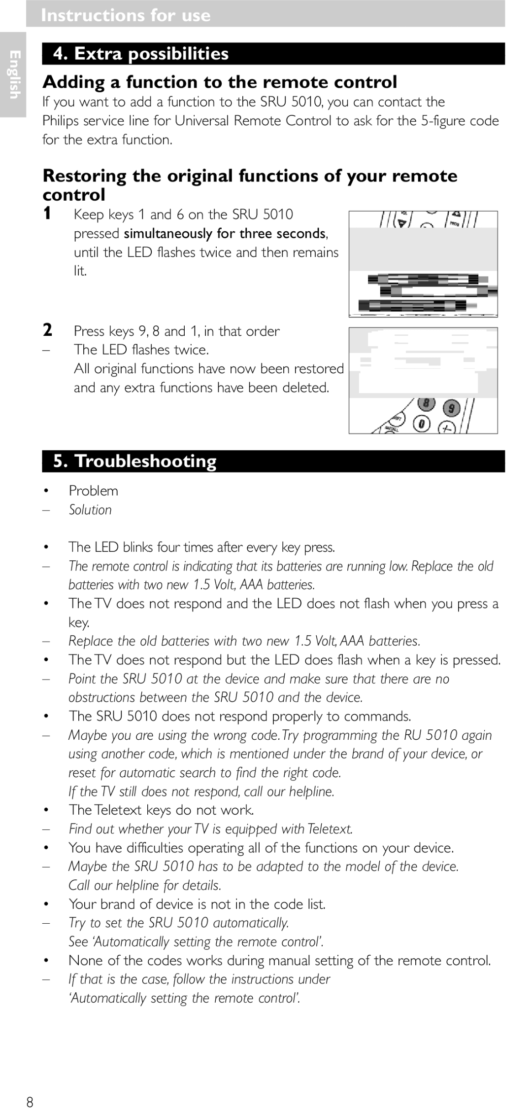 Philips SRU 5010 86 Instructions for use Extra possibilities, Adding a function to the remote control, Troubleshooting 