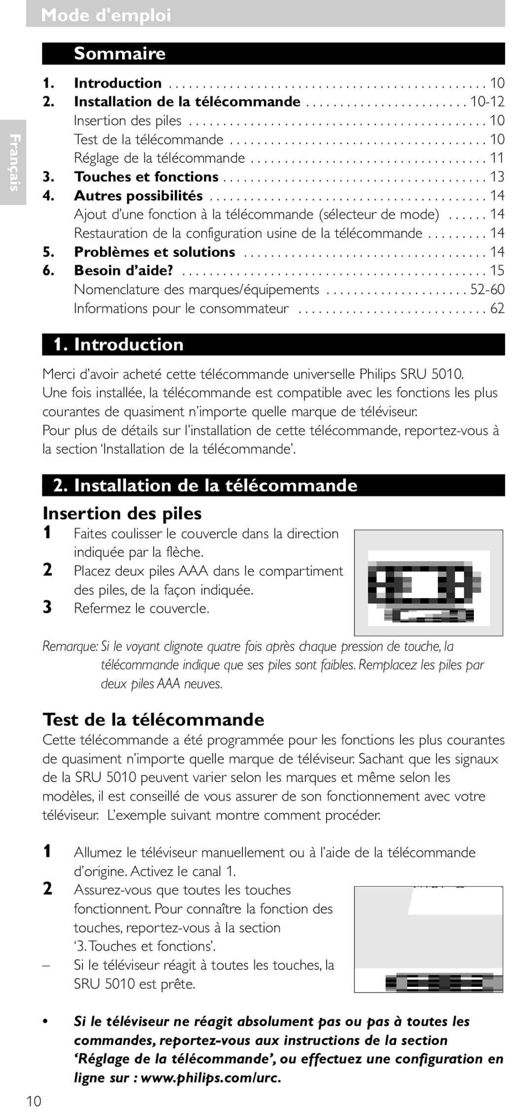 Philips SRU 5010 86 Mode demploi’ Sommaire, Installation de la télécommande, Insertion des piles, Test de la télécommande 