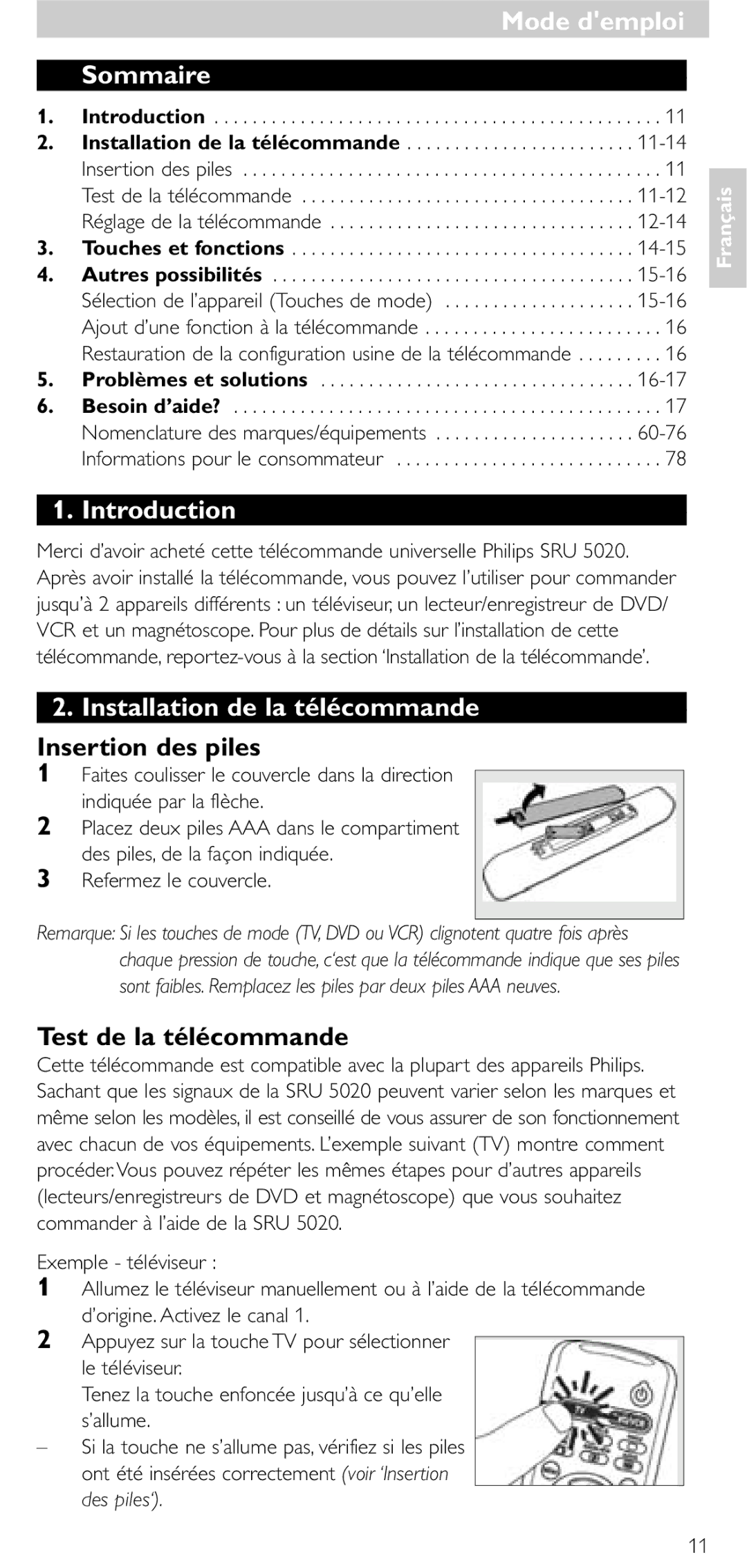 Philips SRU 5020/86 Mode demploi, Sommaire, Installation de la télécommande, Insertion des piles, Test de la télécommande 