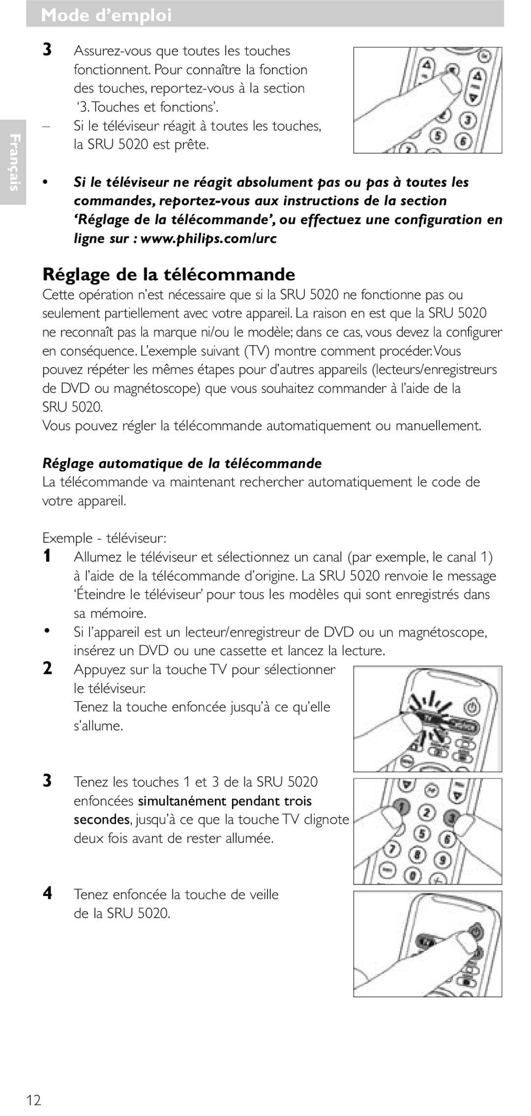 Philips SRU 5020/86 manual Mode d’emploi, Réglage de la télécommande, Sru, Réglage automatique de la télécommande 