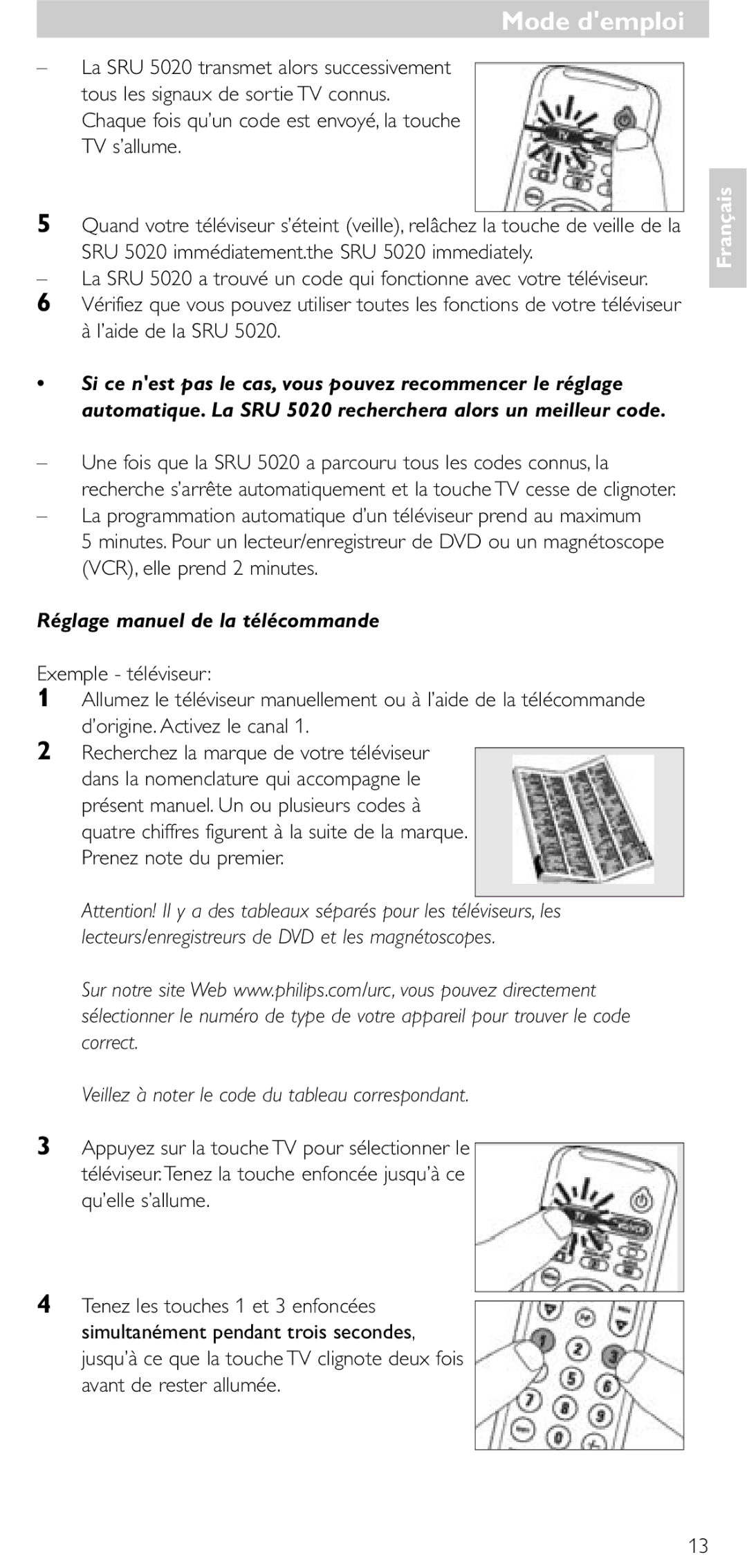 Philips SRU 5020/86 manual Réglage manuel de la télécommande, Veillez à noter le code du tableau correspondant 