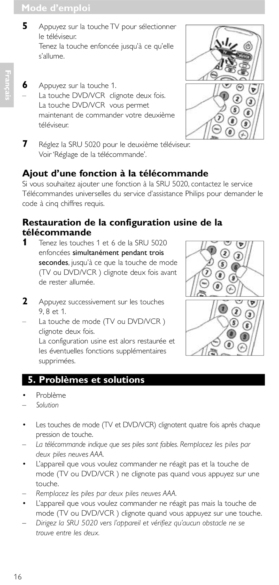 Philips SRU 5020/86 Ajout d’une fonction à la télécommande, Restauration de la configuration usine de la télécommande 