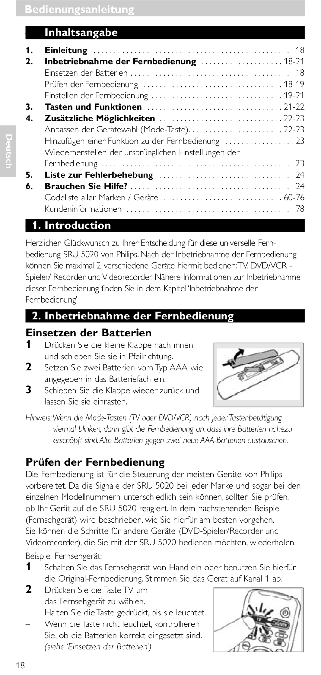 Philips SRU 5020/86 manual Bedienungsanleitung Inhaltsangabe, Inbetriebnahme der Fernbedienung, Einsetzen der Batterien 