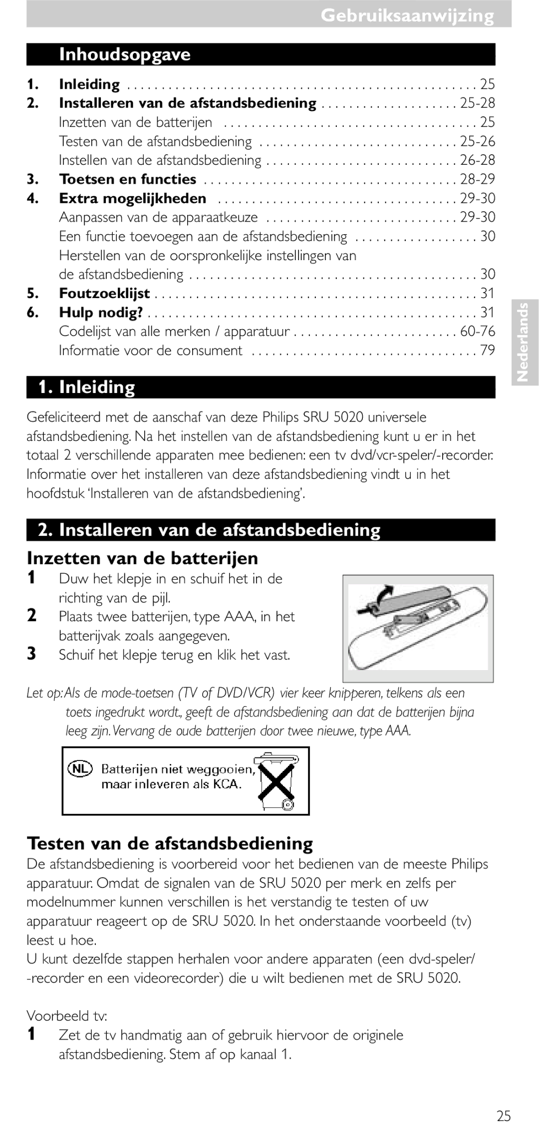 Philips SRU 5020/86 manual Inhoudsopgave, Inleiding, Installeren van de afstandsbediening, Inzetten van de batterijen 