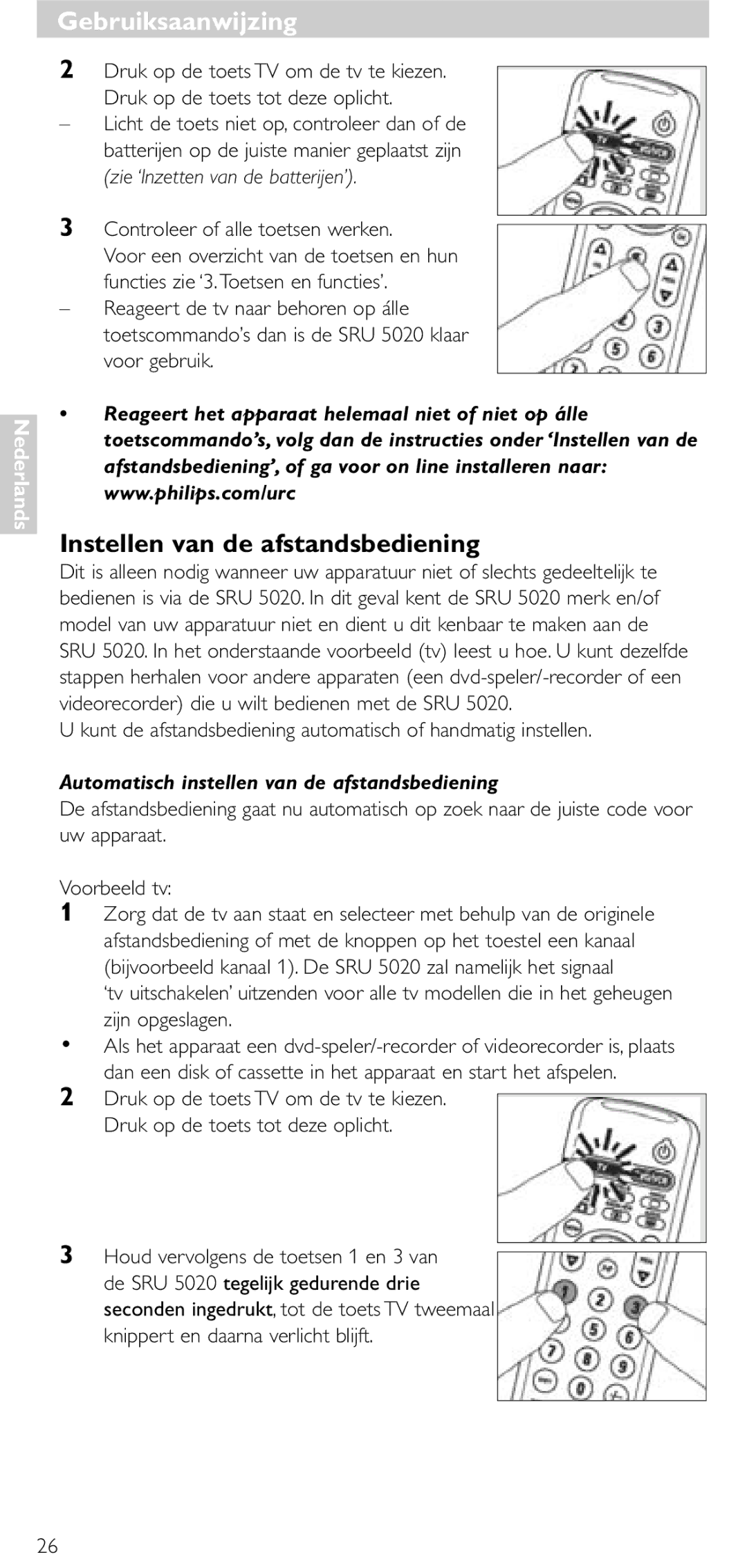 Philips SRU 5020/86 manual Gebruiksaanwijzing, Instellen van de afstandsbediening, Controleer of alle toetsen werken 