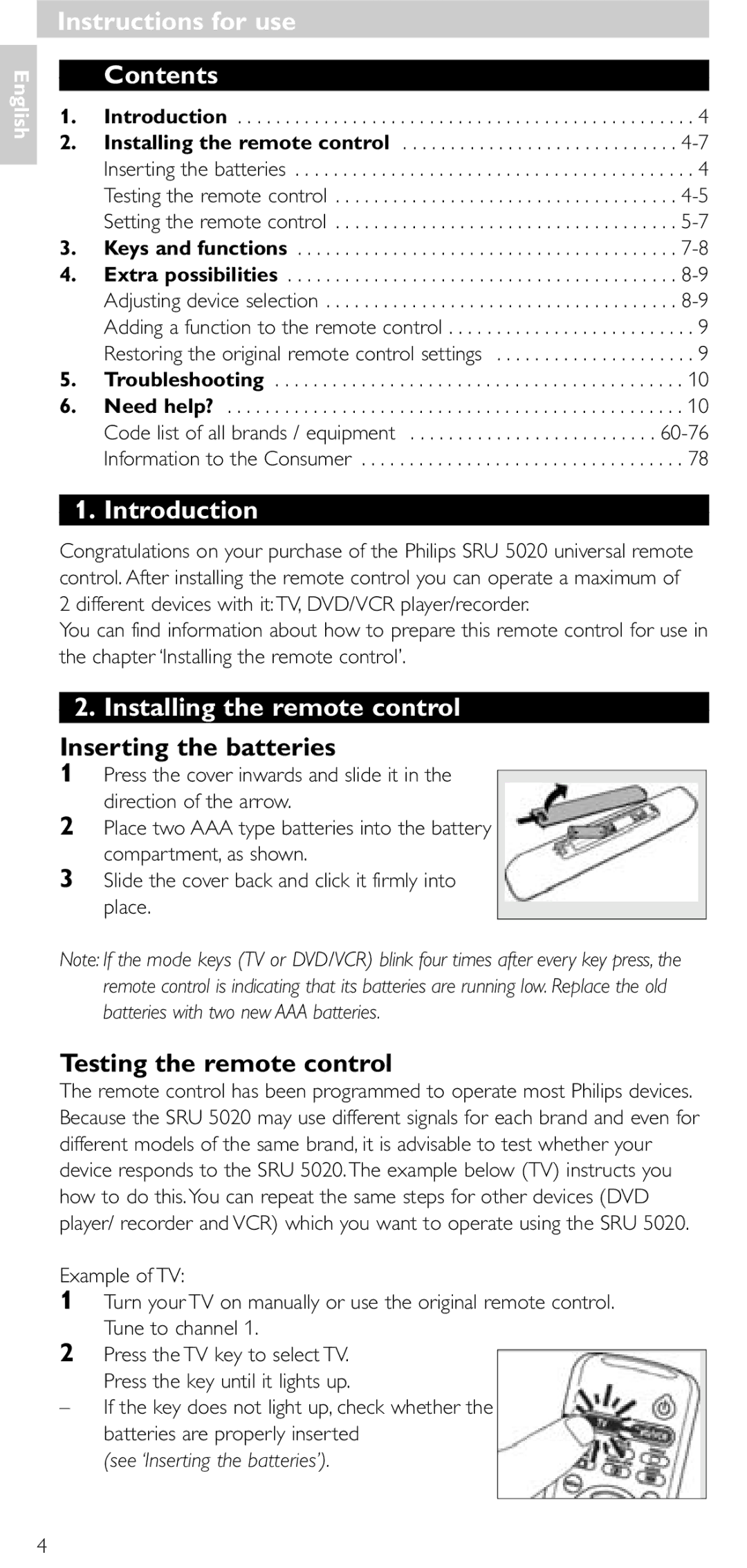 Philips SRU 5020/86 manual Instructions for use Contents, Introduction, Installing the remote control 