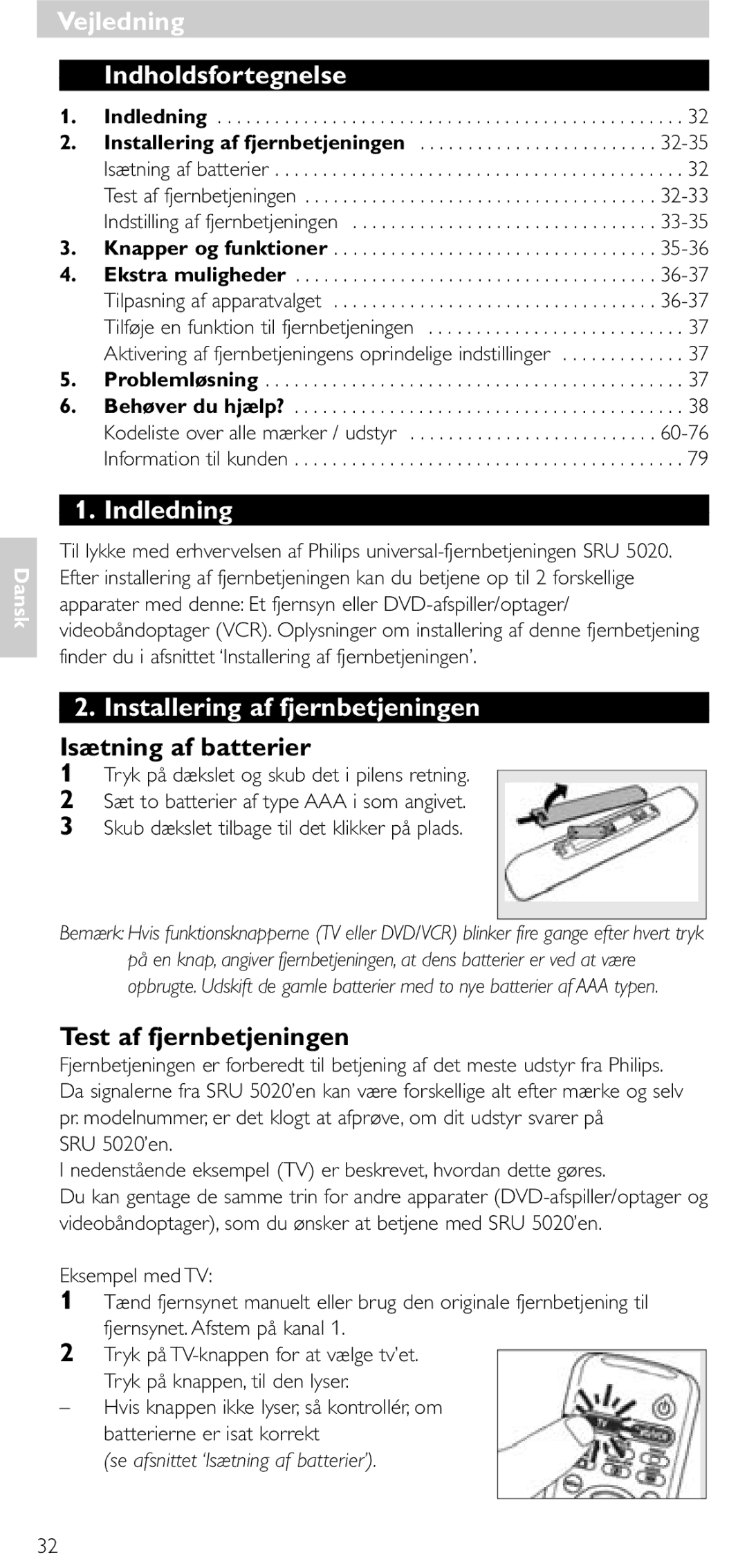 Philips SRU 5020/86 Vejledning Indholdsfortegnelse, Indledning, Installering af fjernbetjeningen, Isætning af batterier 