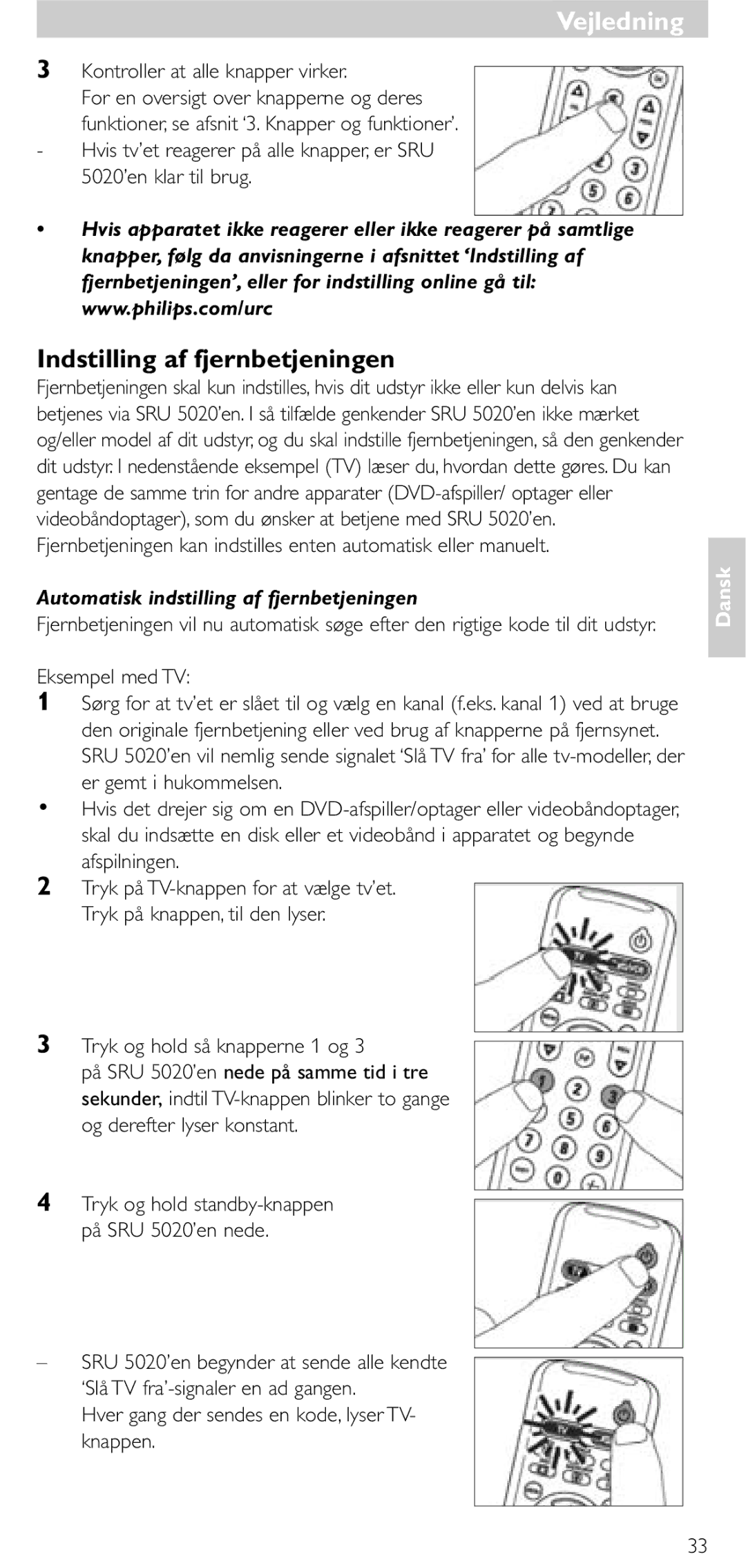 Philips SRU 5020/86 manual Vejledning, Indstilling af fjernbetjeningen, Automatisk indstilling af fjernbetjeningen 