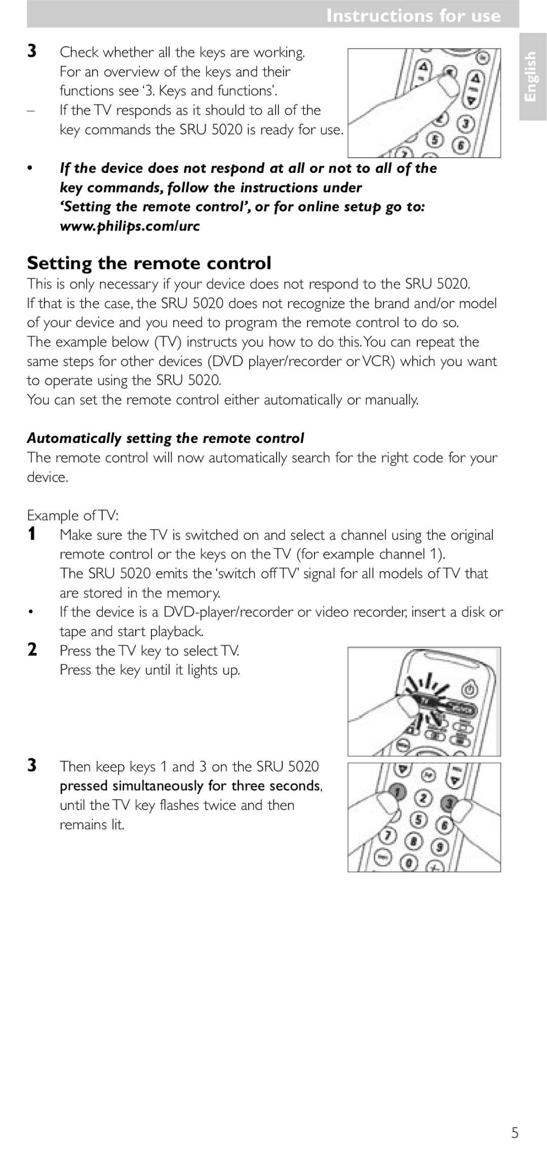 Philips SRU 5020/86 manual Instructions for use, Setting the remote control, Automatically setting the remote control 