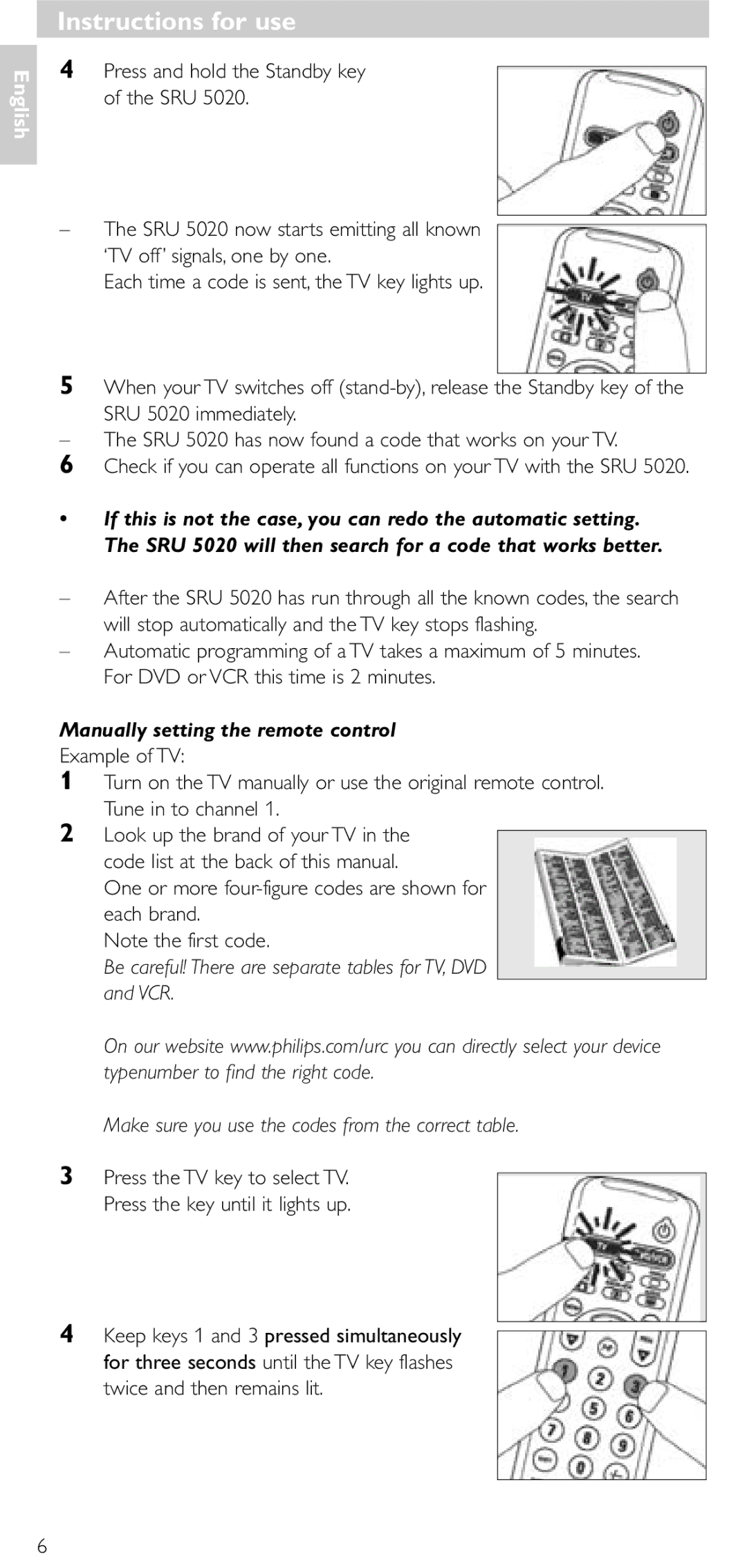 Philips SRU 5020/86 manual Manually setting the remote control, One or more four-figure codes are shown for each brand 