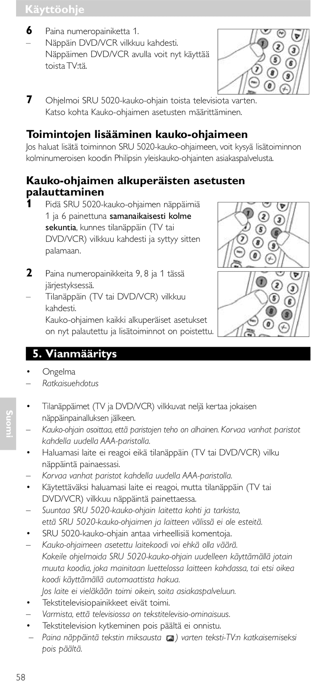 Philips SRU 5020/86 manual Toimintojen lisääminen kauko-ohjaimeen, Kauko-ohjaimen alkuperäisten asetusten palauttaminen 