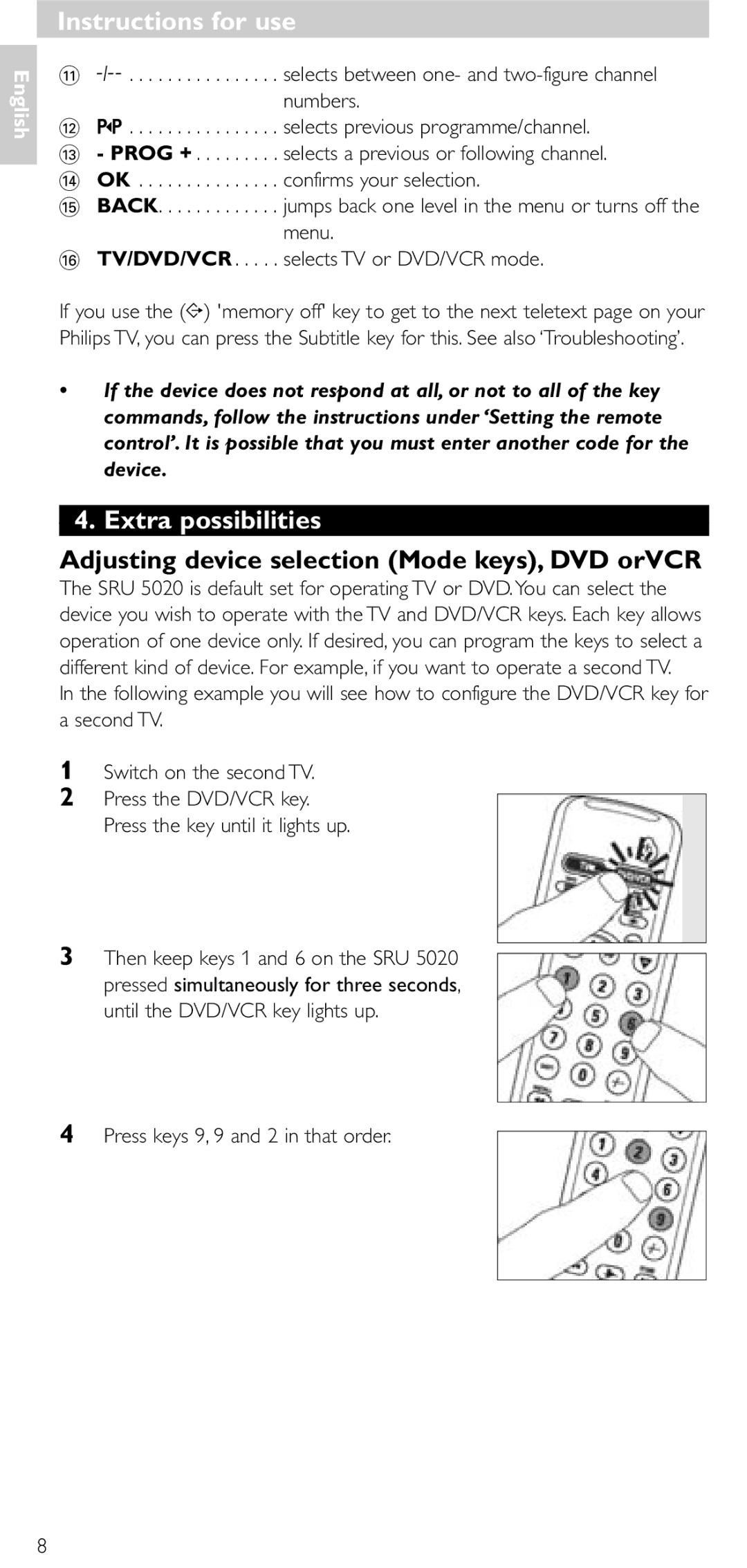 Philips SRU 5020/86 manual Extra possibilities, Adjusting device selection Mode keys, DVD orVCR 