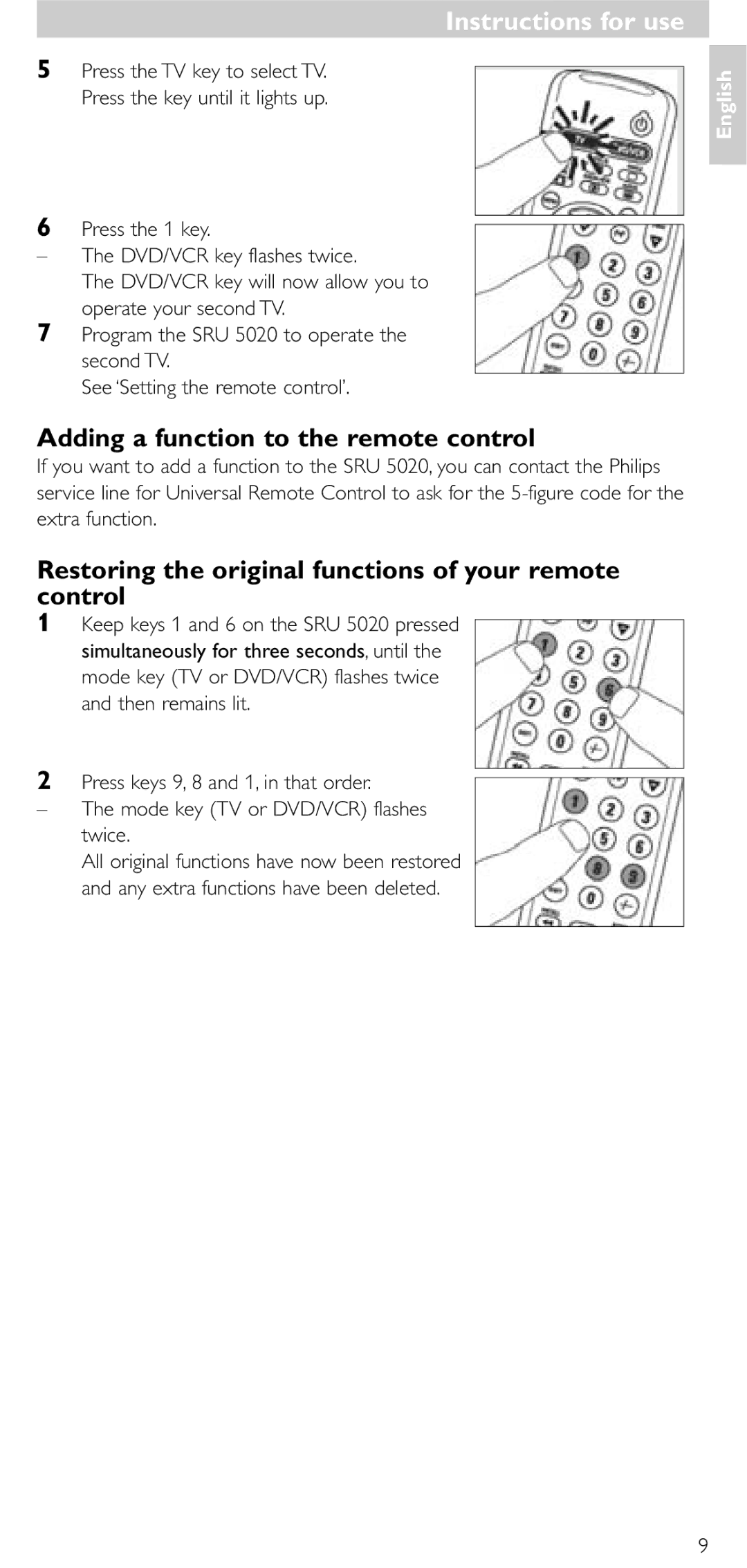 Philips SRU 5020/86 manual Adding a function to the remote control, Restoring the original functions of your remote control 