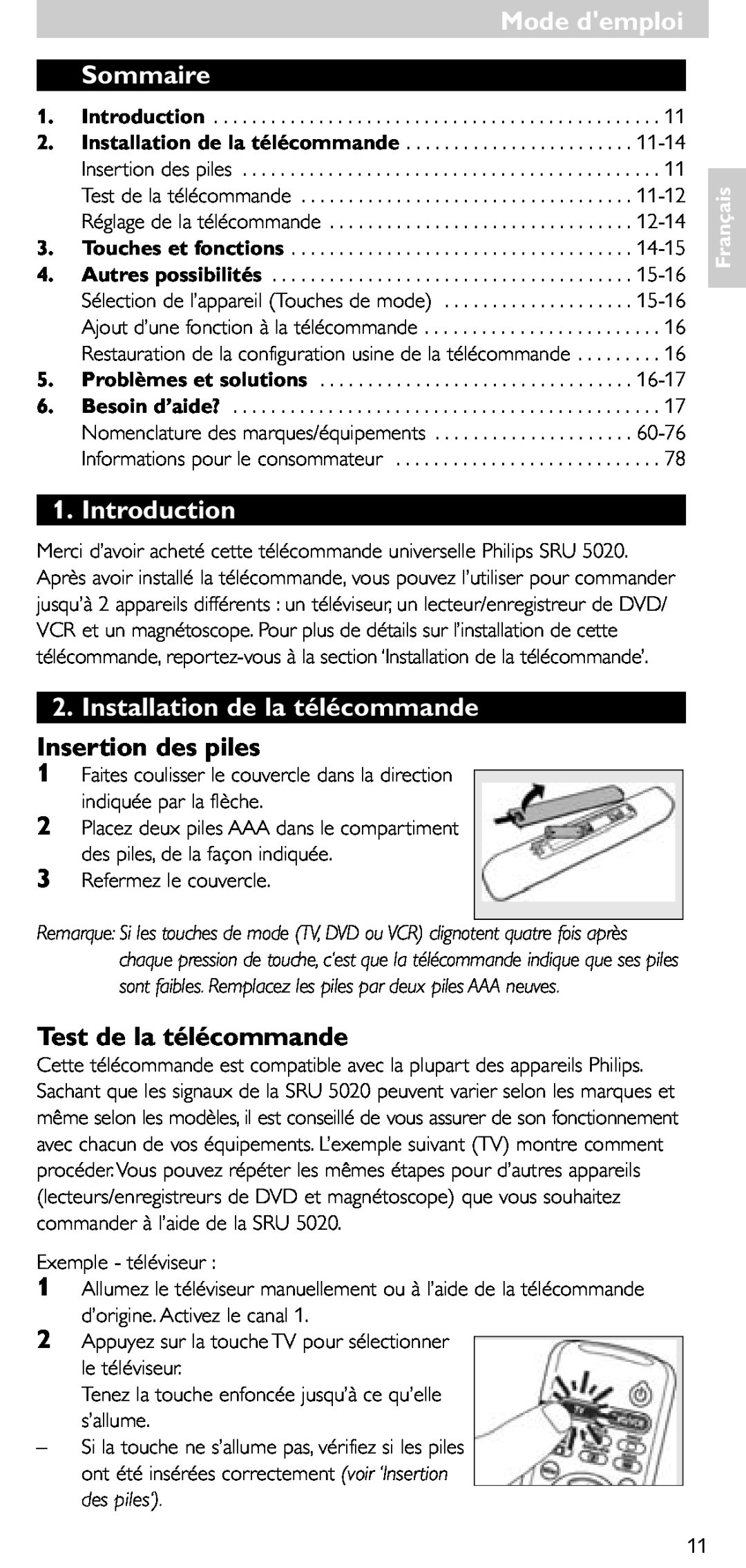 Philips SRU 5020/86 Mode demploi, Sommaire, Installation de la télécommande, Insertion des piles, Test de la télécommande 