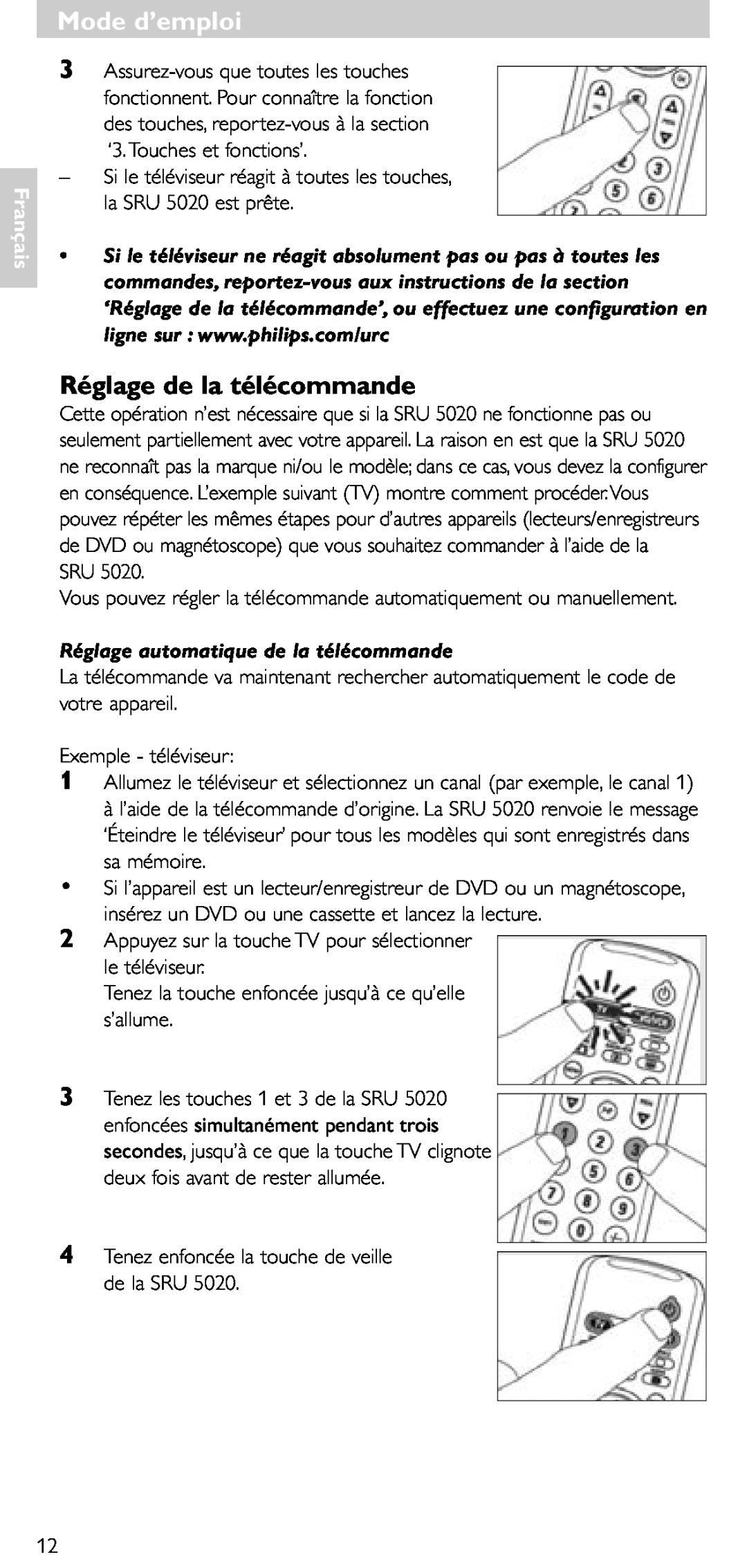 Philips SRU 5020/86 manual Mode d’emploi, Réglage de la télécommande, Réglage automatique de la télécommande, Français 
