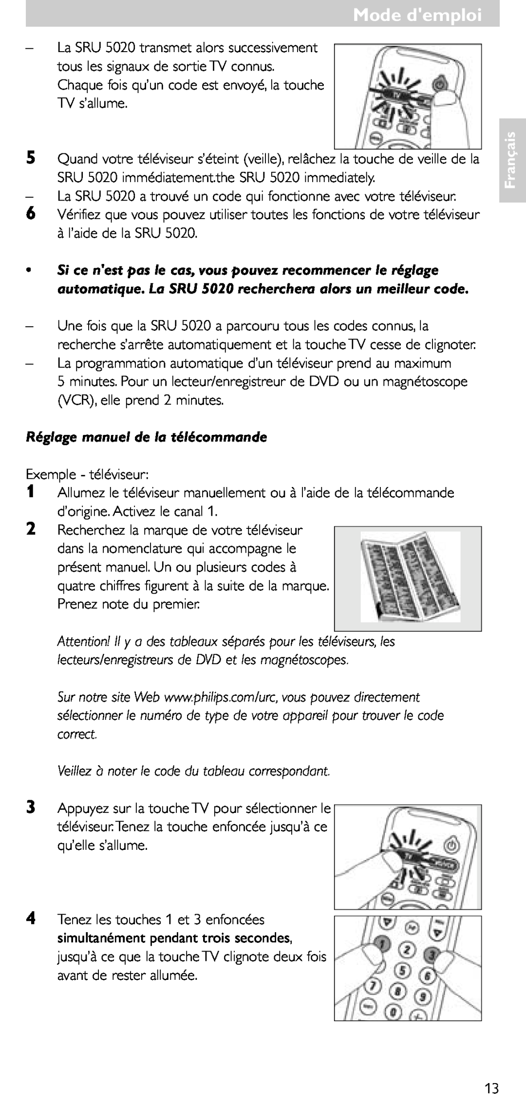 Philips SRU 5020/86 Réglage manuel de la télécommande, Veillez à noter le code du tableau correspondant, Mode demploi 