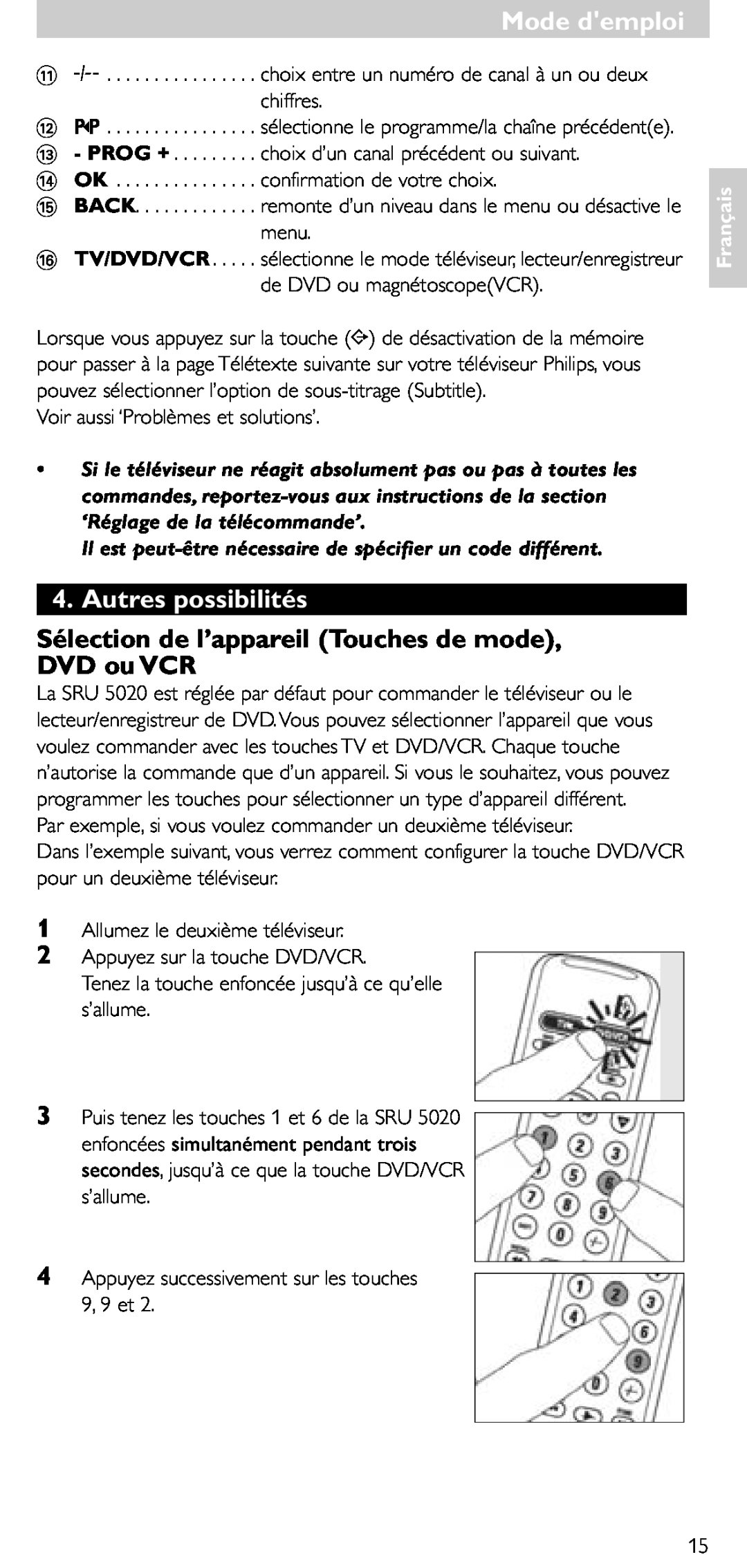 Philips SRU 5020/86 manual Autres possibilités, Sélection de l’appareil Touches de mode, DVD ou VCR, Mode demploi, Français 