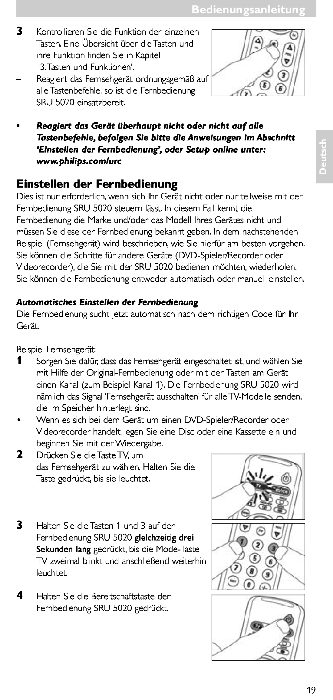 Philips SRU 5020/86 manual Automatisches Einstellen der Fernbedienung, Bedienungsanleitung, Deutsch 