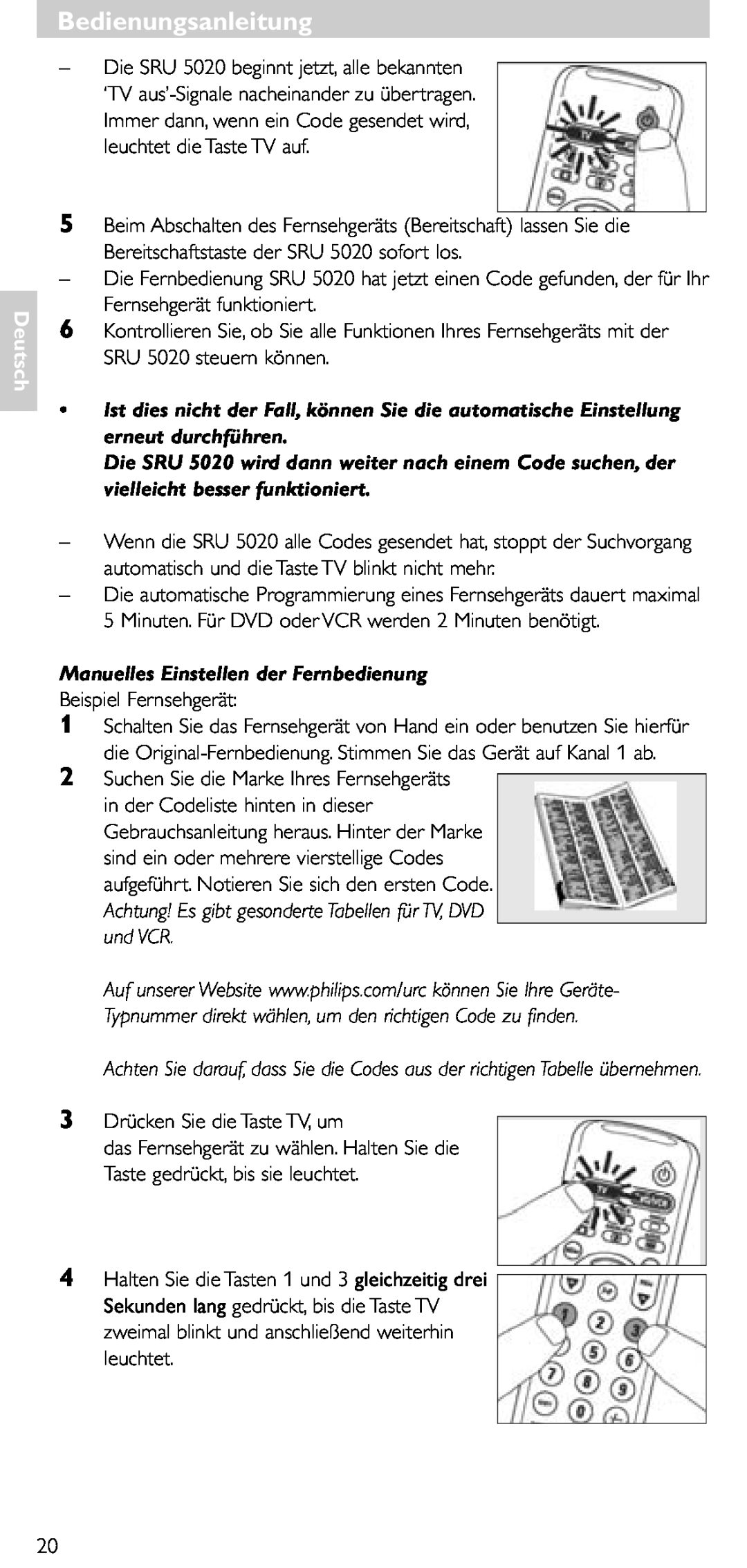Philips SRU 5020/86 manual Manuelles Einstellen der Fernbedienung, Bedienungsanleitung, Deutsch 