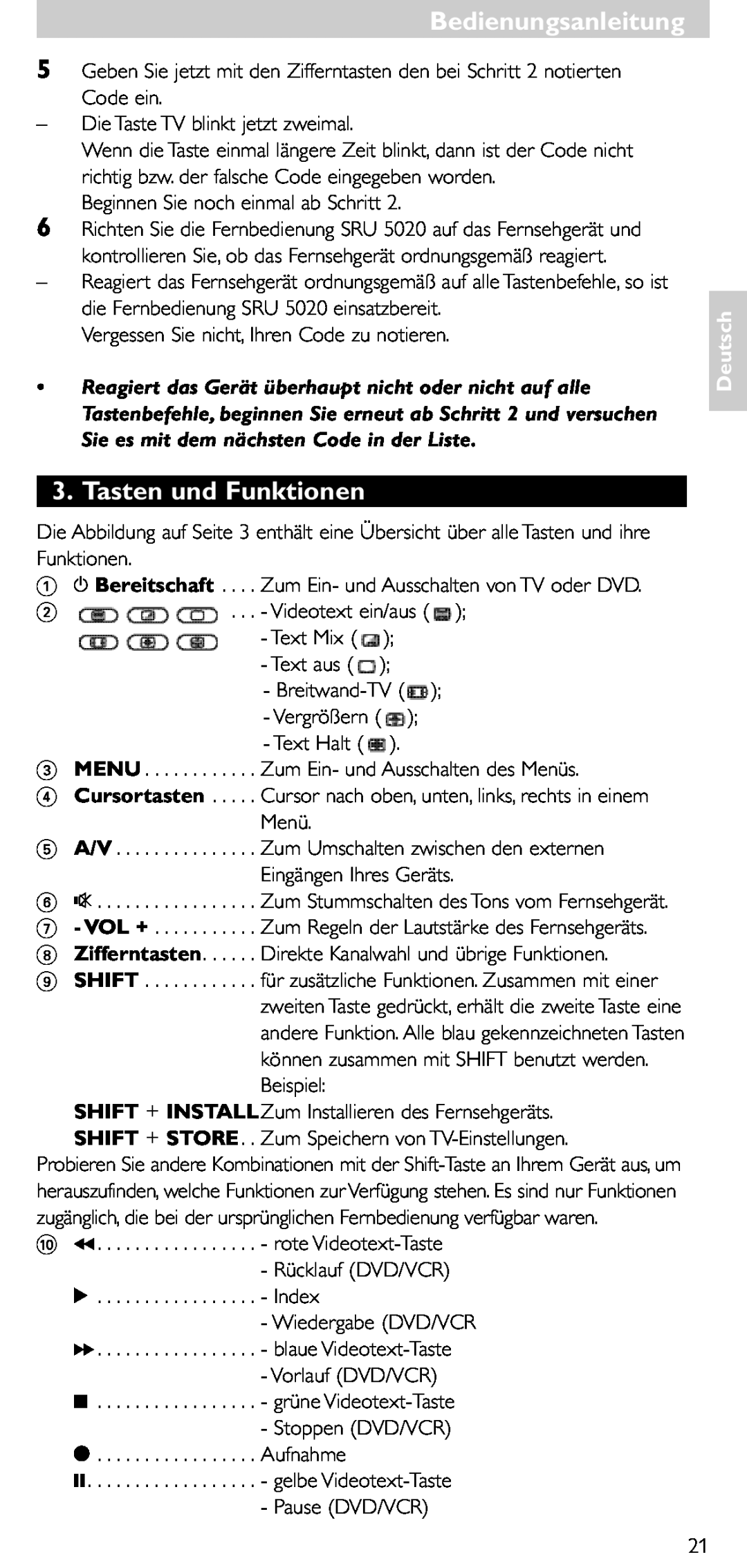 Philips SRU 5020/86 manual Tasten und Funktionen, Shift + Store, Bedienungsanleitung, Deutsch 