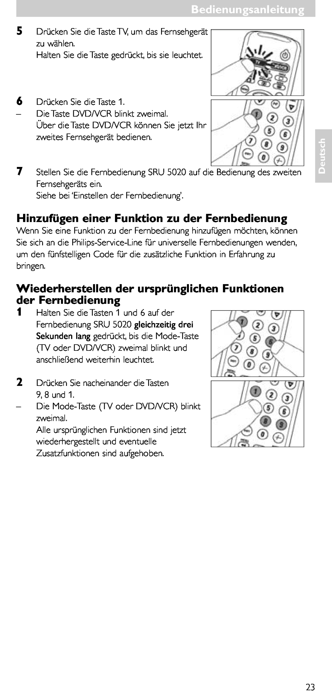 Philips SRU 5020/86 manual Hinzufügen einer Funktion zu der Fernbedienung, Bedienungsanleitung, Deutsch 