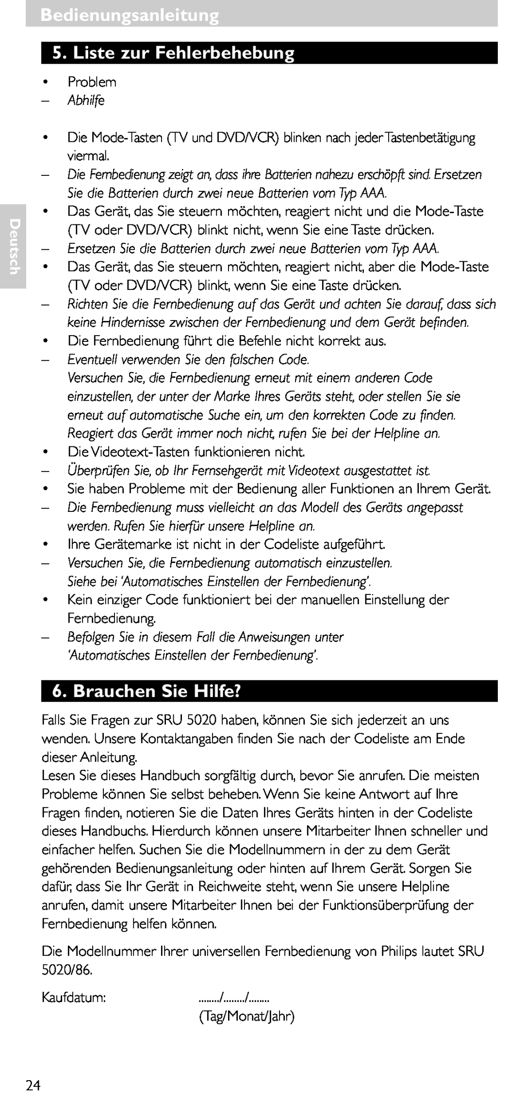 Philips SRU 5020/86 manual Bedienungsanleitung 5. Liste zur Fehlerbehebung, Brauchen Sie Hilfe?, Abhilfe, Deutsch 