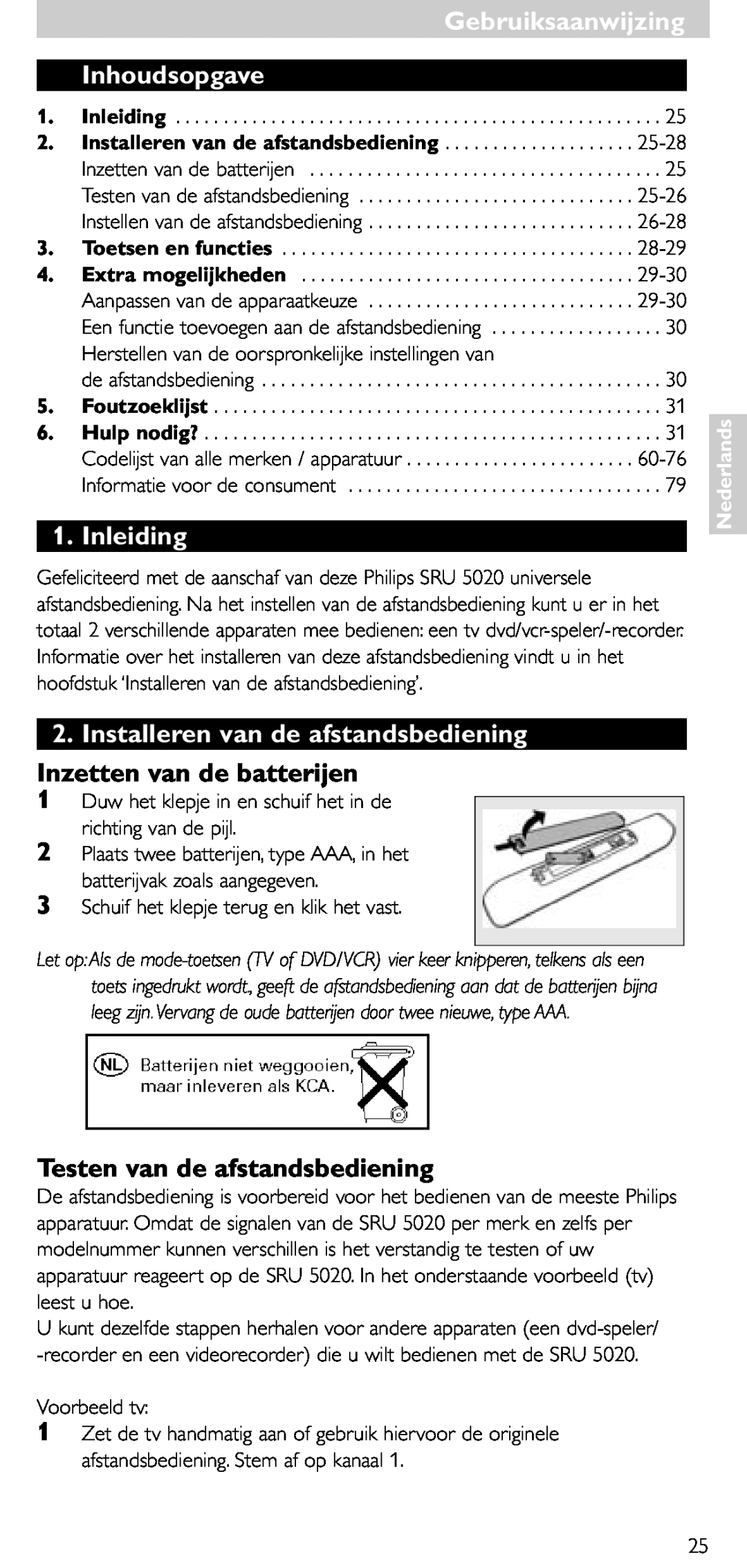 Philips SRU 5020/86 Inhoudsopgave, Inleiding, Installeren van de afstandsbediening, Inzetten van de batterijen, Nederlands 