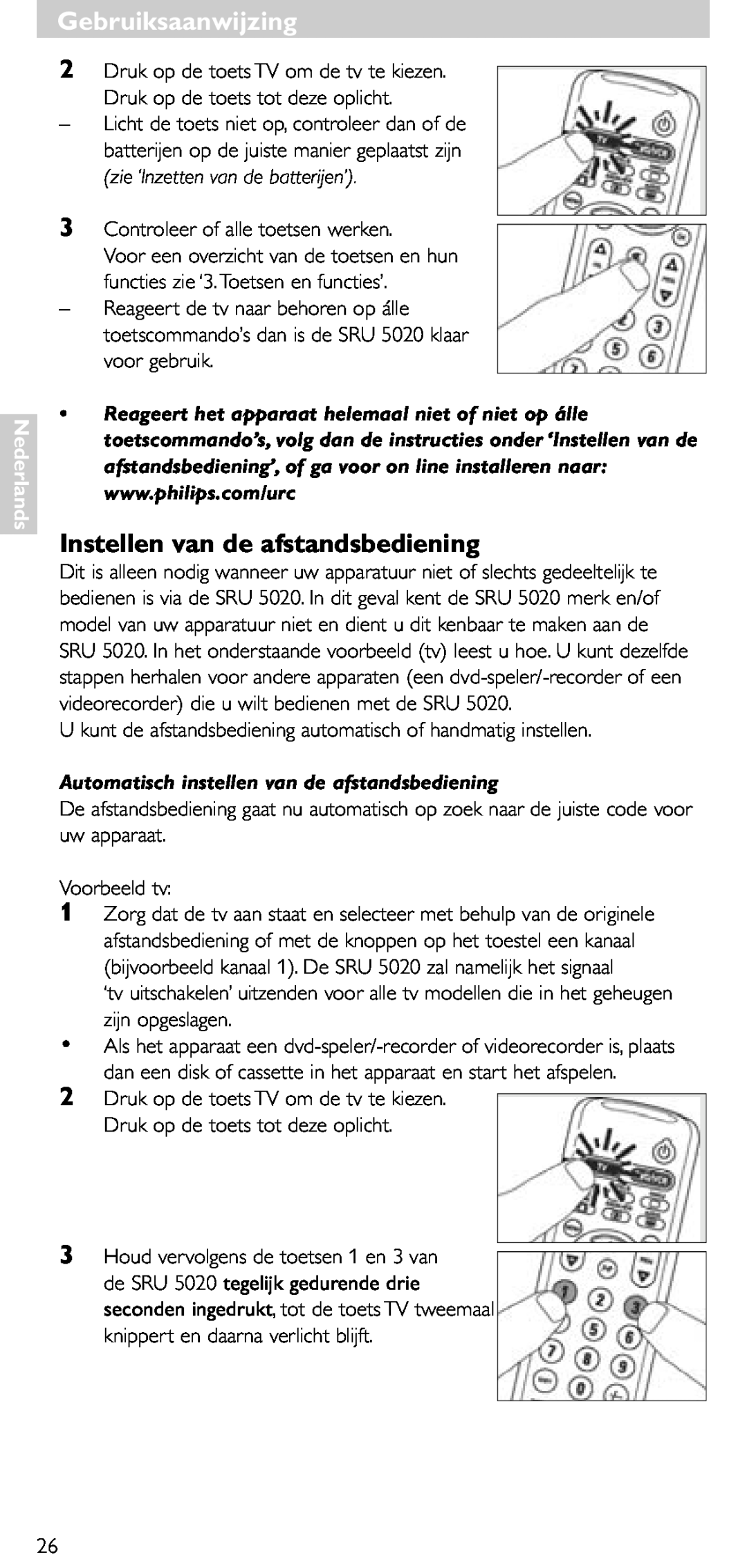 Philips SRU 5020/86 Gebruiksaanwijzing, Instellen van de afstandsbediening, Automatisch instellen van de afstandsbediening 