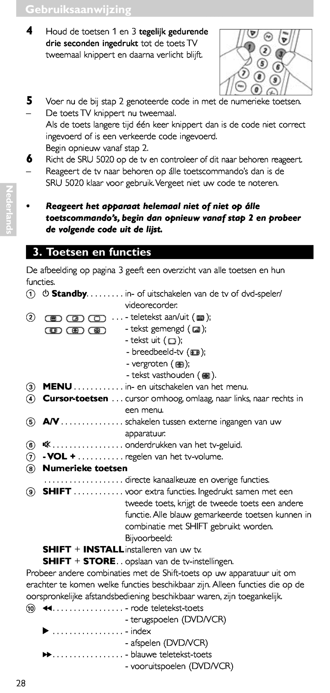 Philips SRU 5020/86 manual Toetsen en functies, Numerieke toetsen, Gebruiksaanwijzing, Nederlands, teletekst aan/uit, Shift 