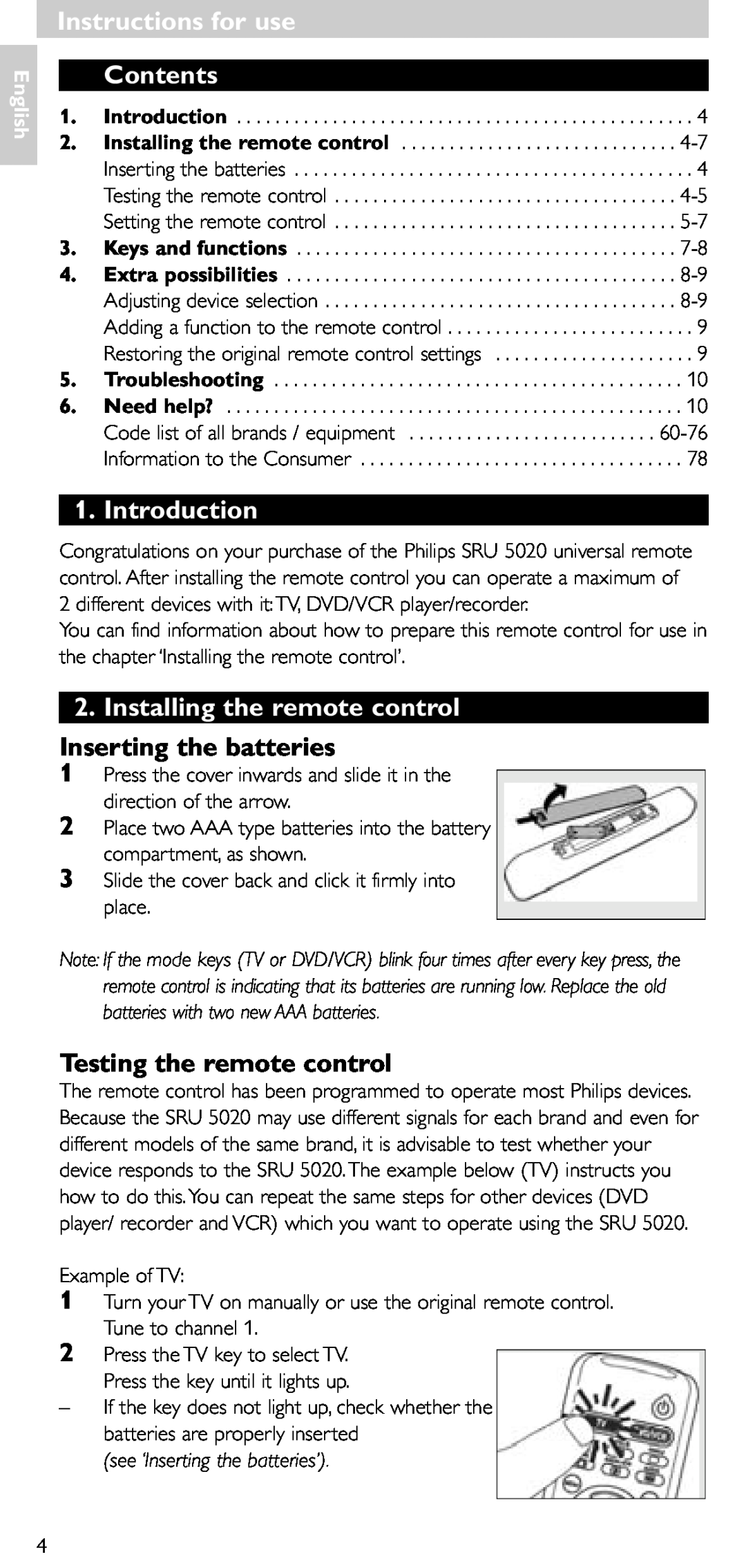 Philips SRU 5020/86 Instructions for use, Contents, Introduction, Installing the remote control, Inserting the batteries 