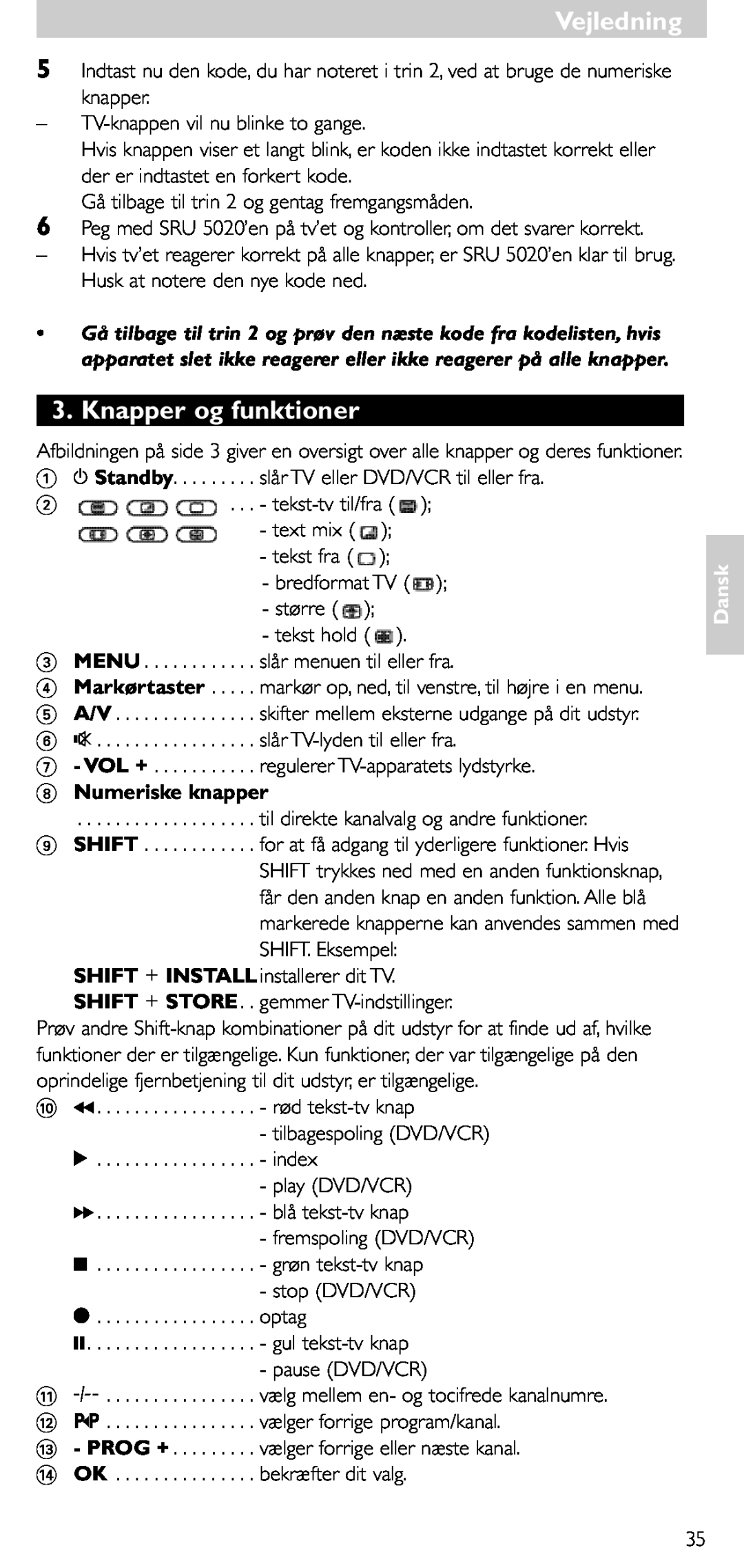 Philips SRU 5020/86 manual Knapper og funktioner, Numeriske knapper, Vejledning, Shift + Store, Dansk 