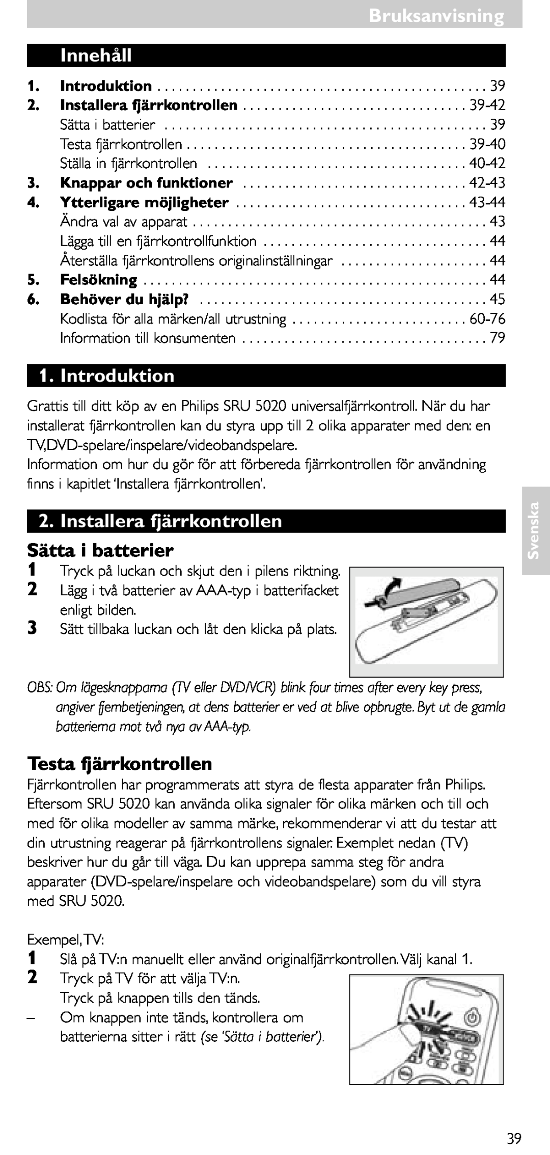 Philips SRU 5020/86 Innehåll, Introduktion, Installera fjärrkontrollen, Sätta i batterier, Testa fjärrkontrollen, Svenska 
