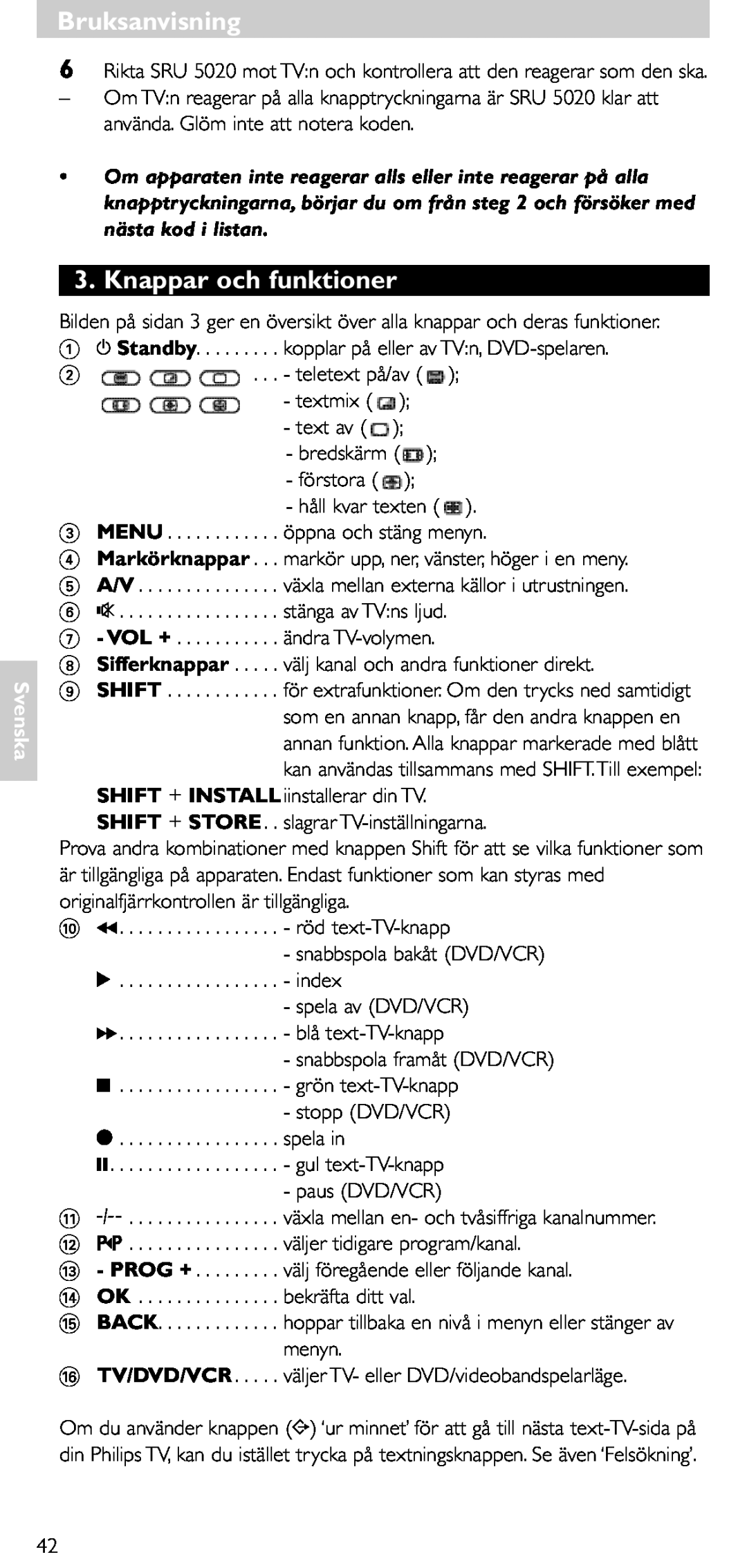 Philips SRU 5020/86 manual Knappar och funktioner, Bruksanvisning, Svenska, Shift + Store 