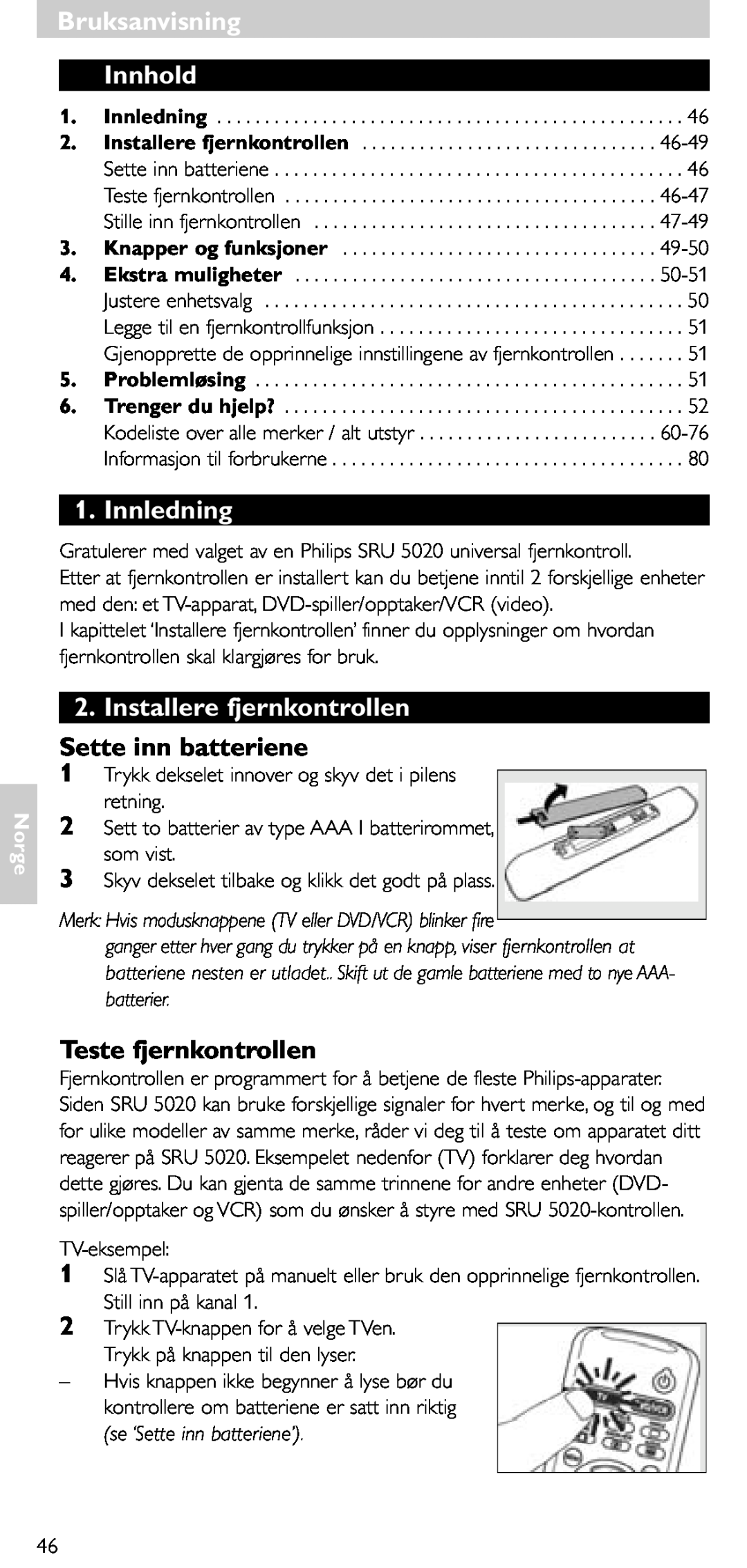 Philips SRU 5020/86 Innhold, Innledning, Installere fjernkontrollen, Sette inn batteriene, Teste fjernkontrollen, Norge 