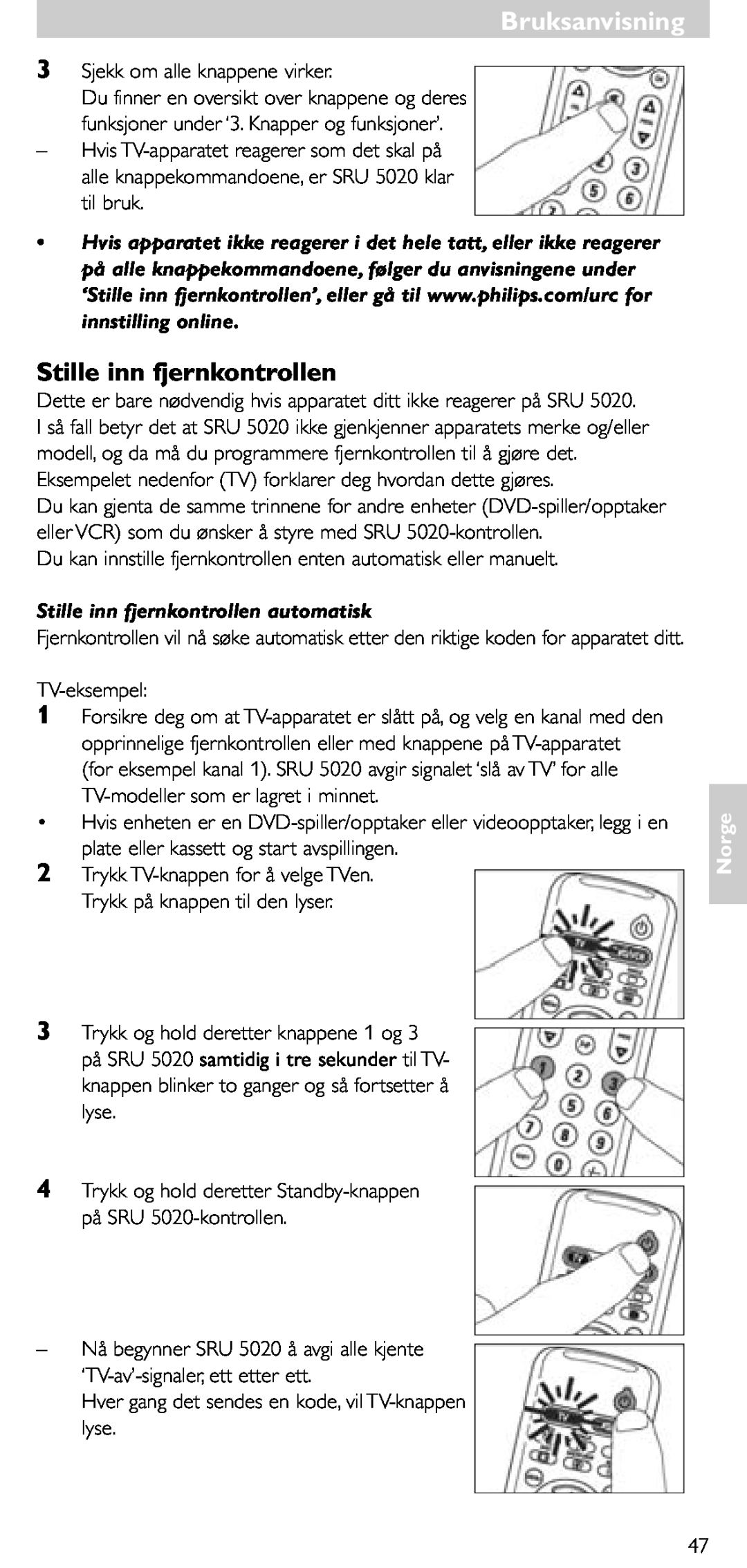 Philips SRU 5020/86 manual Stille inn fjernkontrollen automatisk, Bruksanvisning, Norge 