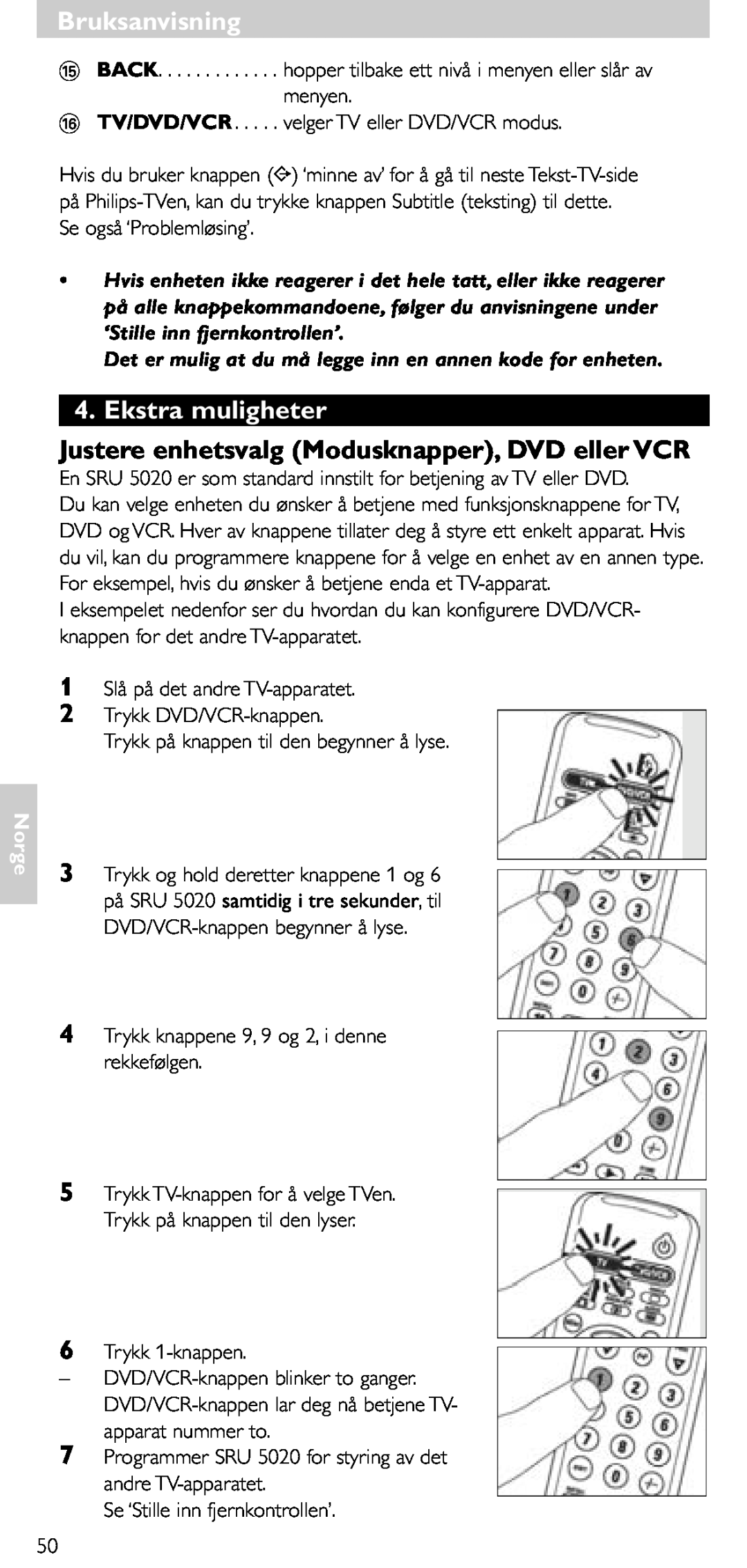 Philips SRU 5020/86 manual Ekstra muligheter, Justere enhetsvalg Modusknapper, DVD eller VCR, Bruksanvisning, Norge 