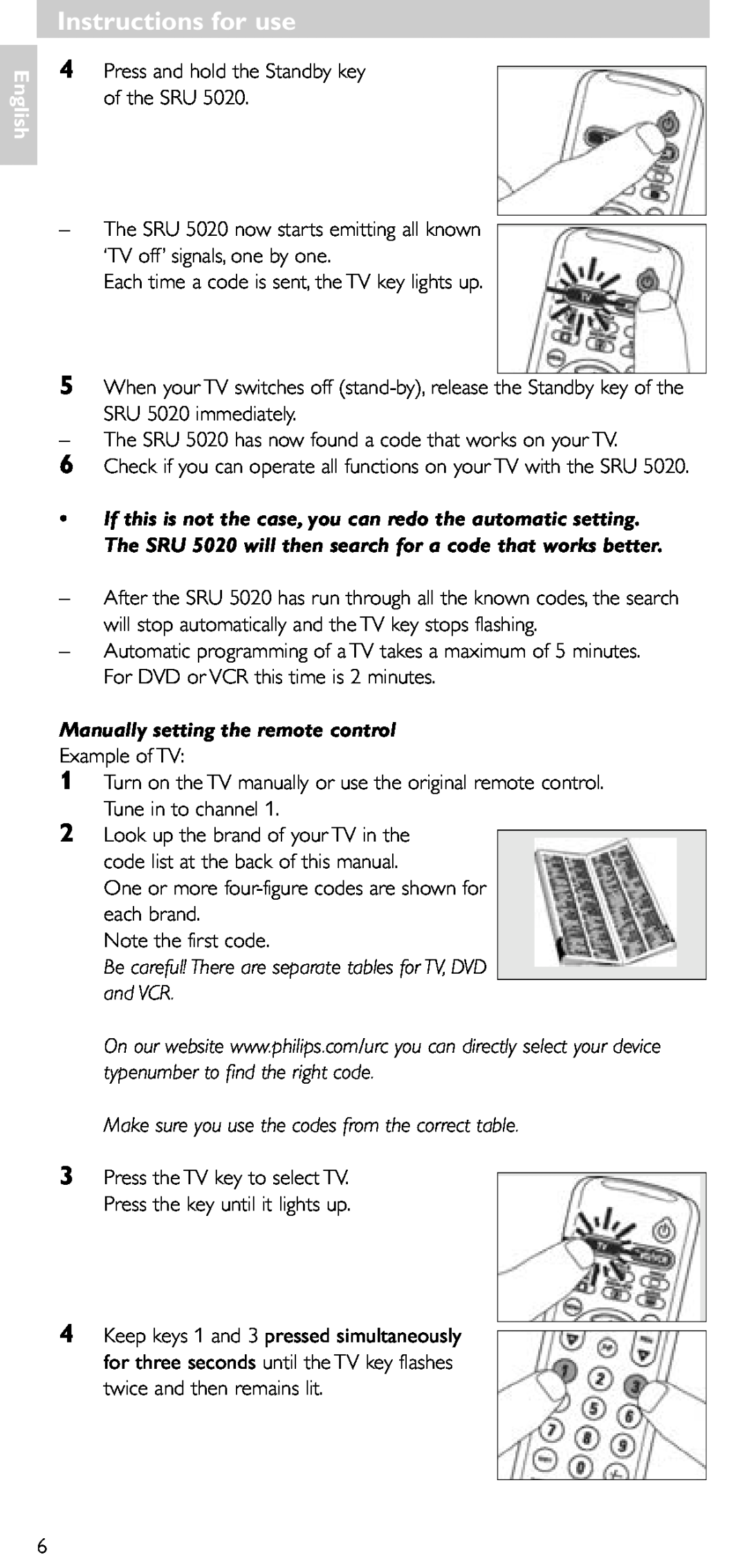 Philips SRU 5020/86 manual Manually setting the remote control, Be careful! There are separate tables for TV, DVD and VCR 