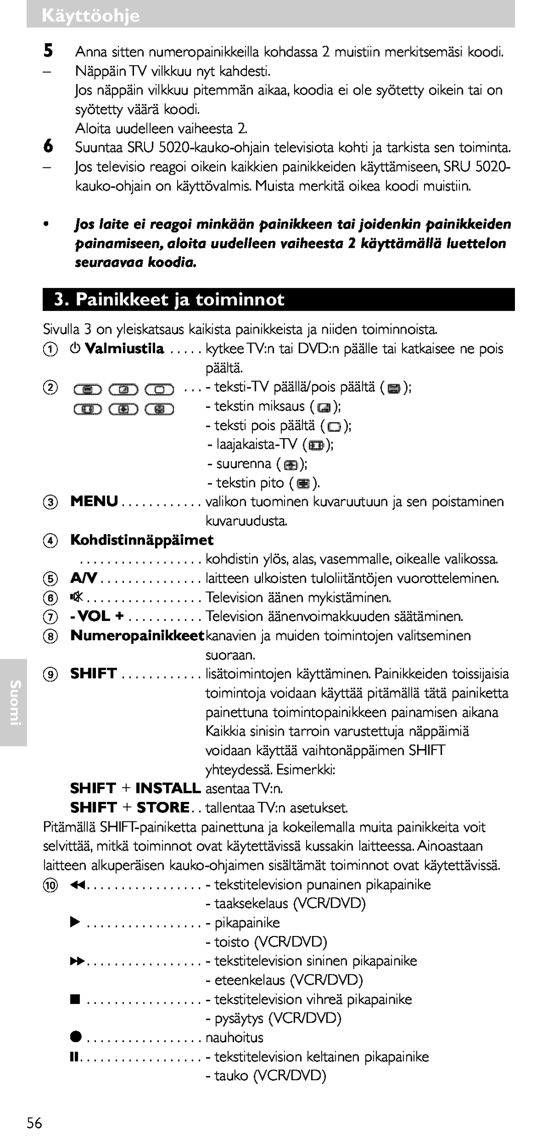 Philips SRU 5020/86 manual Painikkeet ja toiminnot, Kohdistinnäppäimet, Käyttöohje, Suomi, Shift + Store 