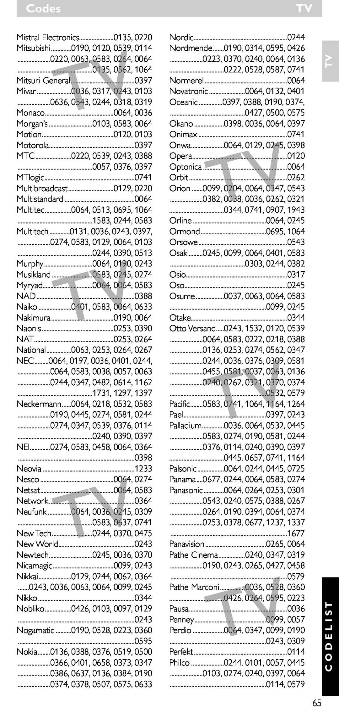 Philips SRU 5020/86 manual Codes, Tv C O D E L I S T, 0135, 0562, Nogamatic 