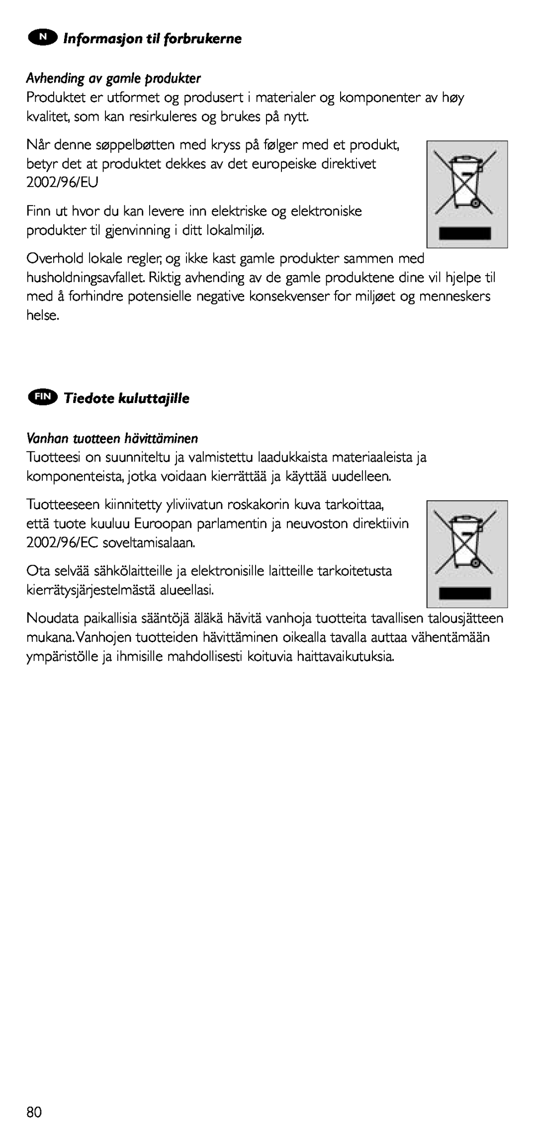 Philips SRU 5020/86 manual N Informasjon til forbrukerne, Avhending av gamle produkter, FIN Tiedote kuluttajille 